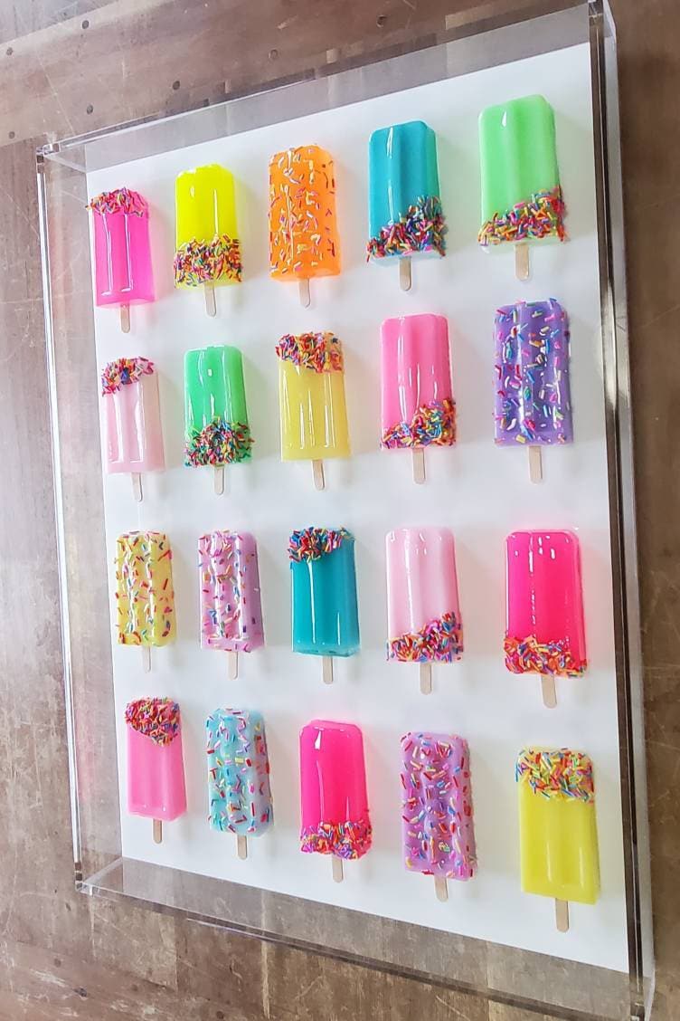 Iconic Pop Art Popsicle Wall Decor, Modern Pop Art, 20 Resin Popsicles, Kitchen Wall Art,Nursery decor. Original Creator,Open Acrylic Frame.