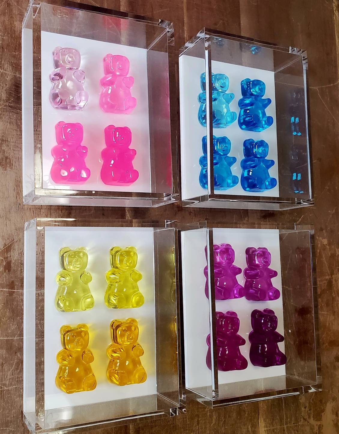 Pop Art, Street Art, Pop Culture Wall Art, 4 Bear Sculptures, 1 Acrylic Open Frame, Kitchen Decor, Birthday Gift, Candy Decor, Neon Art.