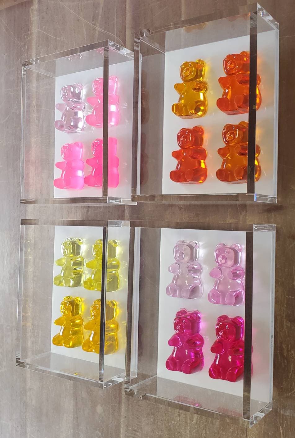 Pop Art, Street Art, Pop Culture Wall Art, 4 Bear Sculptures, 1 Acrylic Open Frame, Kitchen Decor, Birthday Gift, Candy Decor, Neon Art.