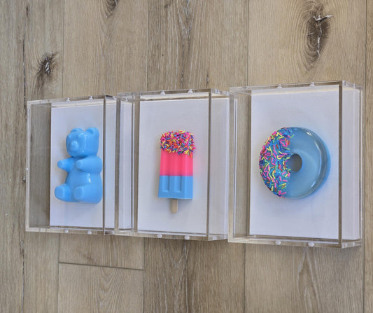 Pop Art Candy Inspired Wall Art Set | Gummy Bear, Donut, Ice Cream Shadow Box Decor | Whimsical Kids Room and Nursery Wall Art