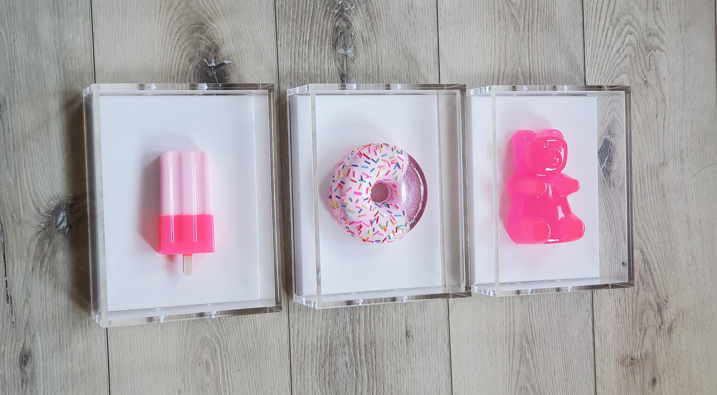 Pop Art Candy Inspired Wall Art Set | Gummy Bear, Donut, Ice Cream Shadow Box Decor | Whimsical Kids Room and Nursery Wall Art