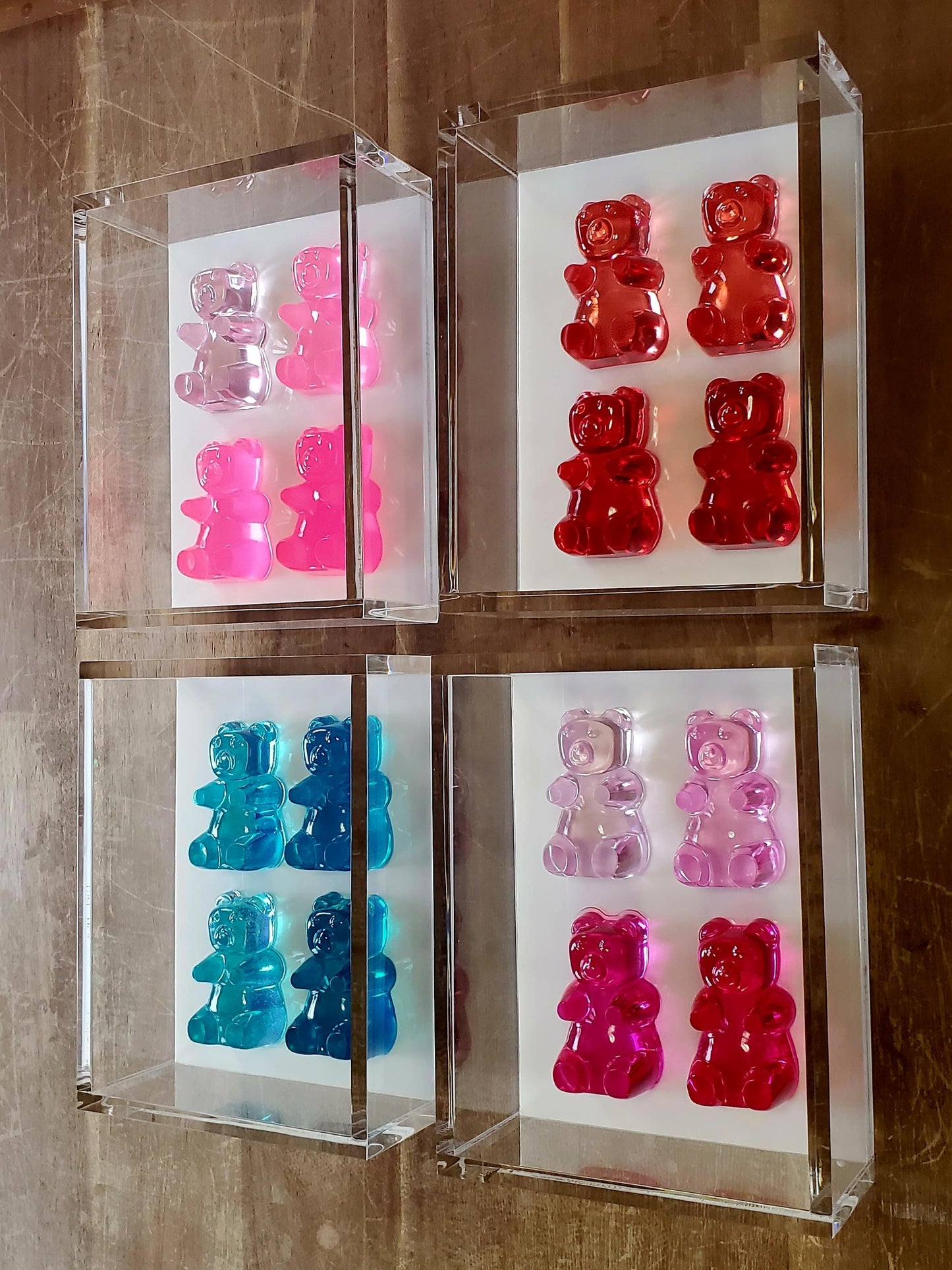 Pop Art Gummy Bear Resin Sculptures in Acrylic Frame | Whimsical Nursery & Kids Room Wall Decor | Custom Bright Colors, Playful Candy Gift