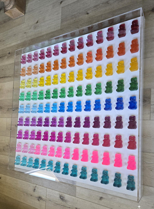 Candy Inspired Resin Bear Shadow Box Art: Modern Pop Sculpture