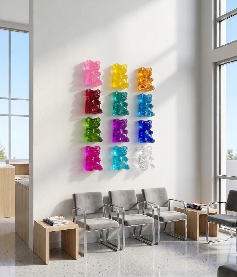 colorful gummy bear sculptures mounted on a white wall. The bears are in various colors, including pink, yellow, orange, red, blue, green, and purple. This is an AI generated picture to show how it will look on a white wall in a office waiting room ( each sculpture is 6 inches )