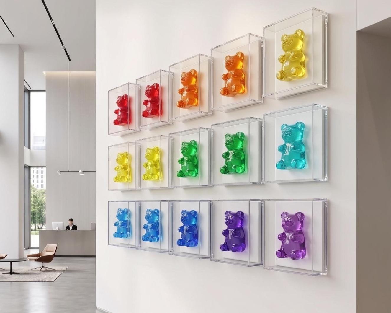 colorful gummy bear sculptures mounted on a white wall. The bears are in various colors, including pink, yellow, orange, red, blue, green, and purple. This is an AI generated picture to show how it will look on a pink wall in a teenagers room, the pictures are my real aer work.