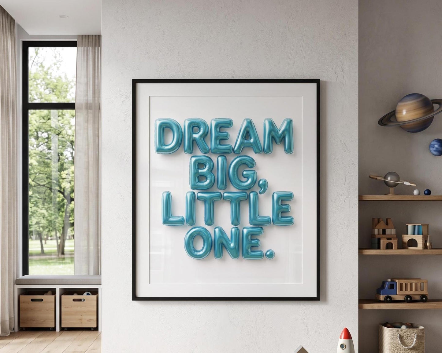 Nursery Wall Art | Dream Big Little One Print | 3D Blue Balloon Art | Baby Boy or Girl Room Decor |Bright Pop Art Poster Unframed