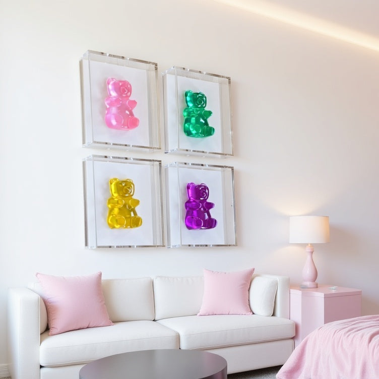 Candy Resin Gummy Bear Sculpture In Shadow Box: Handmade Pop Art Wall Decor