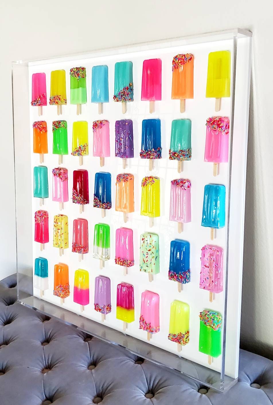 Pop Art Popsicle Wall Hanging, Home Decor, 32 Popsicle Sculptures, Shadow Box, Candy Wall Art, Modern Kitchen Wall Decor, Rainbow Room.