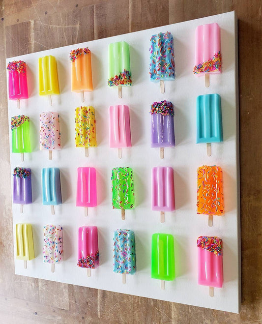 Neon Rainbow Ice Pop Sculpture: Whimsical Shadow Box Art