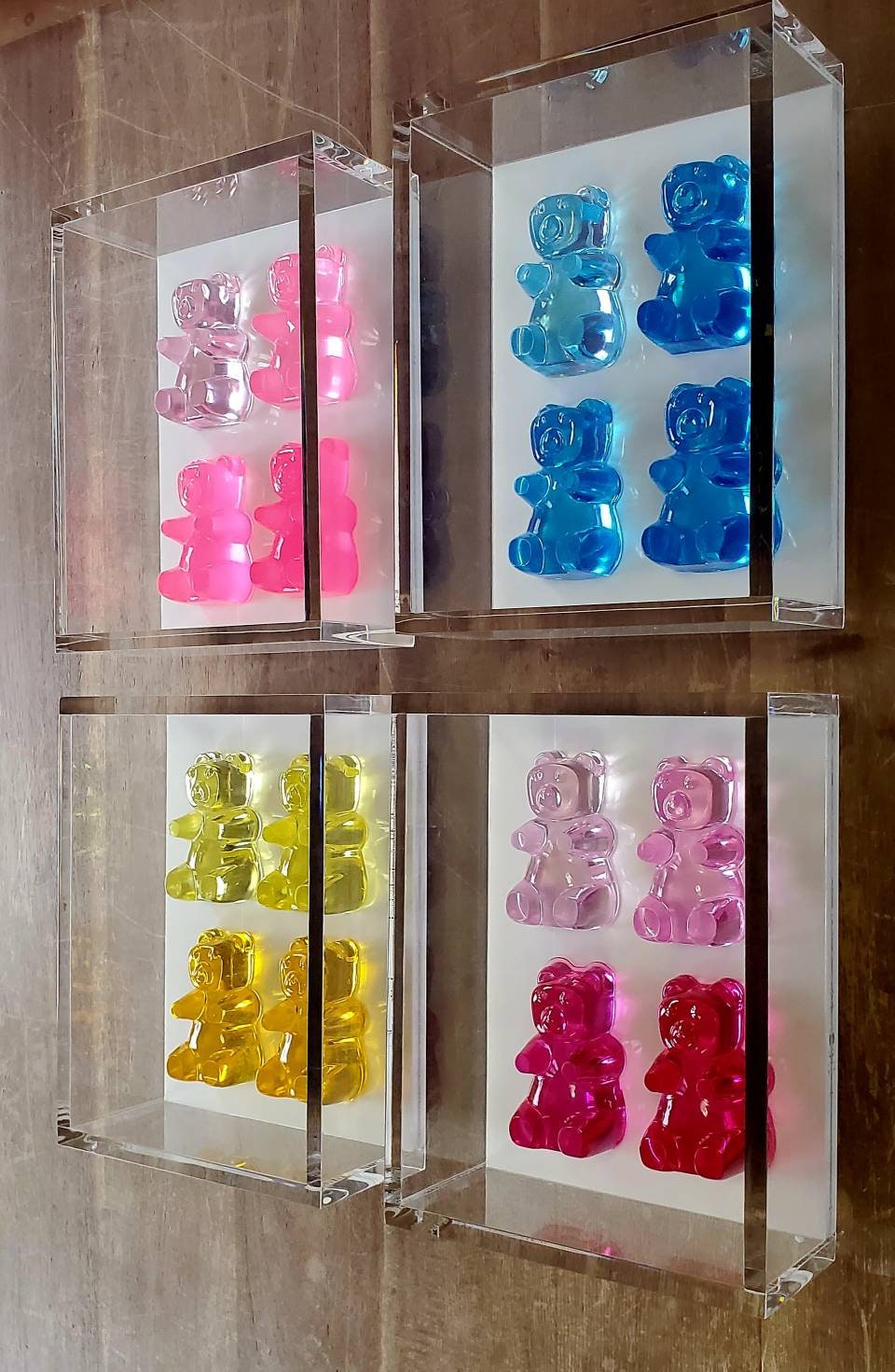 Pop Art Resin Candy Gummy Bear Sculpture in Shadow Box | Playful Nursery Kids Wall Decor | Modern Pop Art Wall Art Set with 4 Colorful Bears