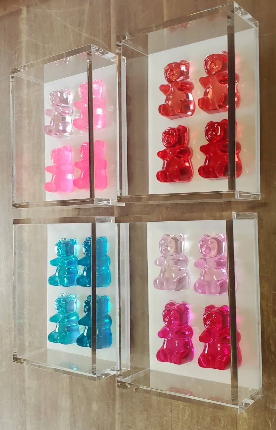 Pop Art Resin Candy Gummy Bear Sculpture in Shadow Box | Playful Nursery Kids Wall Decor | Modern Pop Art Wall Art Set with 4 Colorful Bears