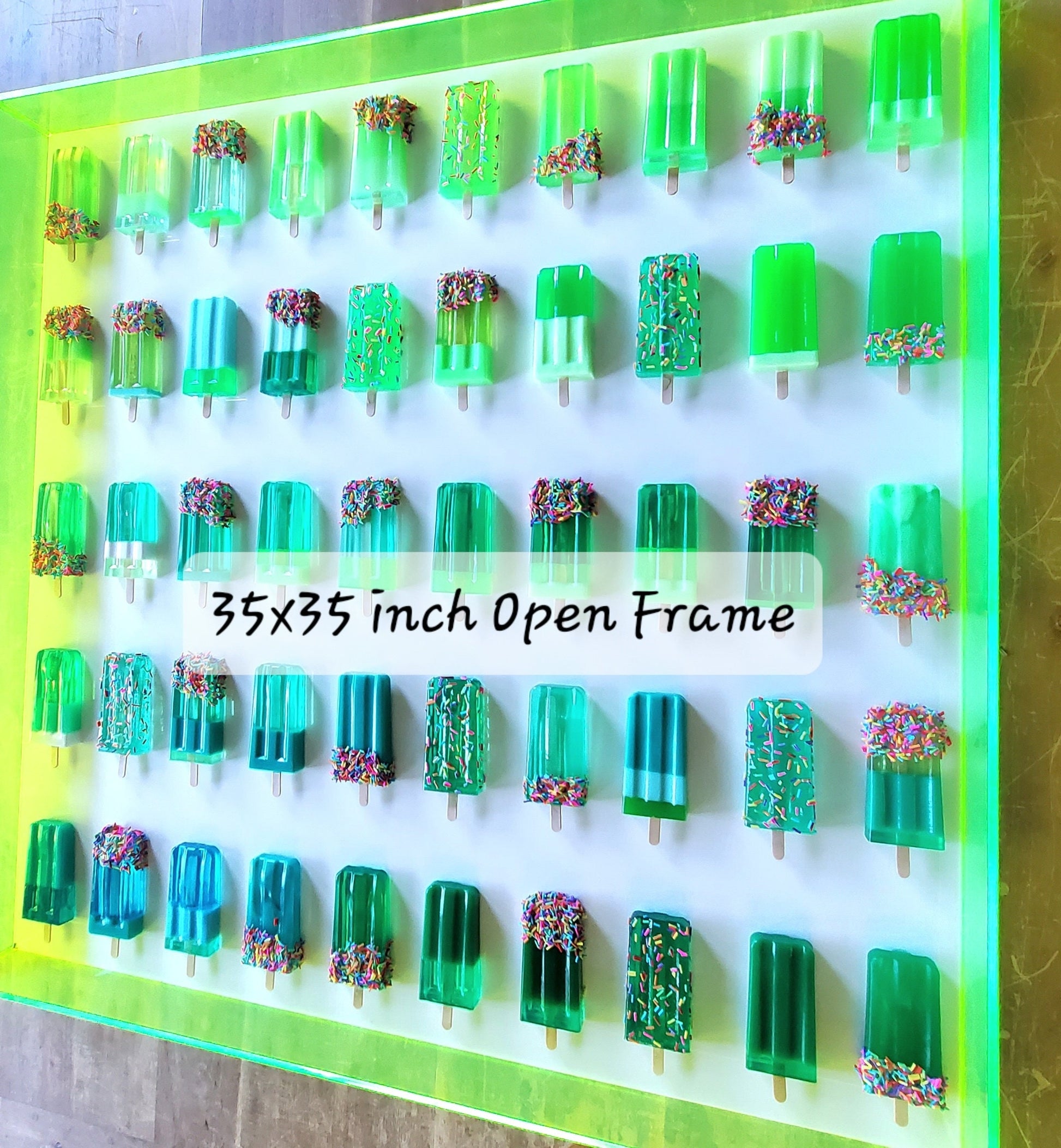 35x35 Inch Open Frame, Green Ombré, Neon Green Sides, White backing
