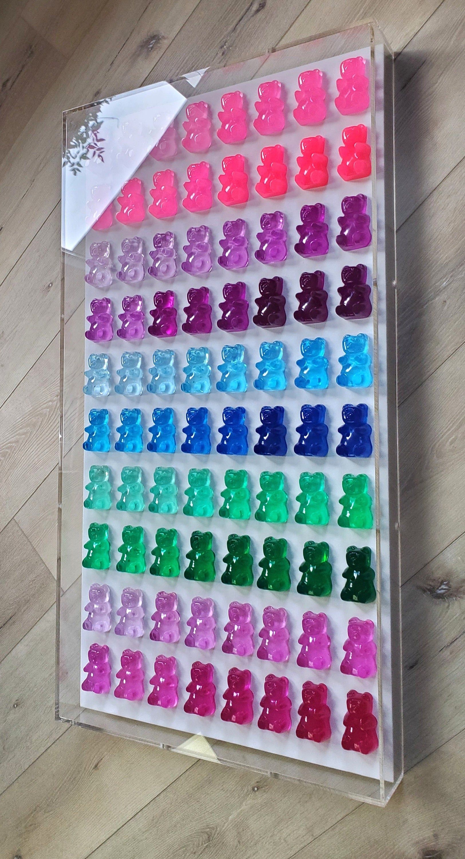 Contemporary Pop Art Gummy Bear Wall Decor | 3D Resin Candy Bear Shadow Box | Vibrant Kitchen or Game Room Art | Modern Interior Design