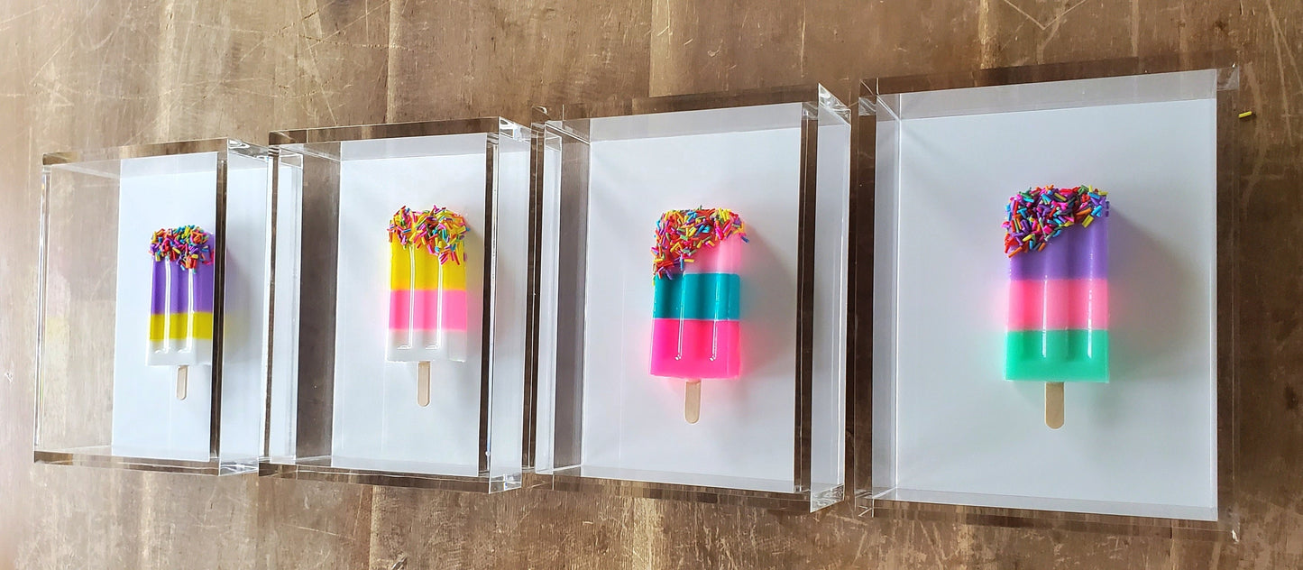 Luxury Ice Cream Pops Shadow Box Art: Handmade Resin Sculpture, Modern Pop Art