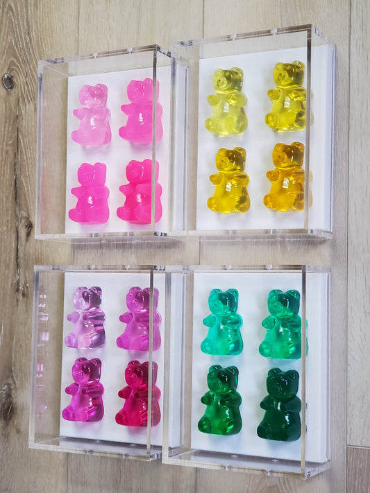 Gummy Resin Bear Wall Art | Colorful Pop Art Shadow Box with 4 Vibrant Resin Bears | Modern Kitchen, Playroom Decor, Gift for Any Occasion