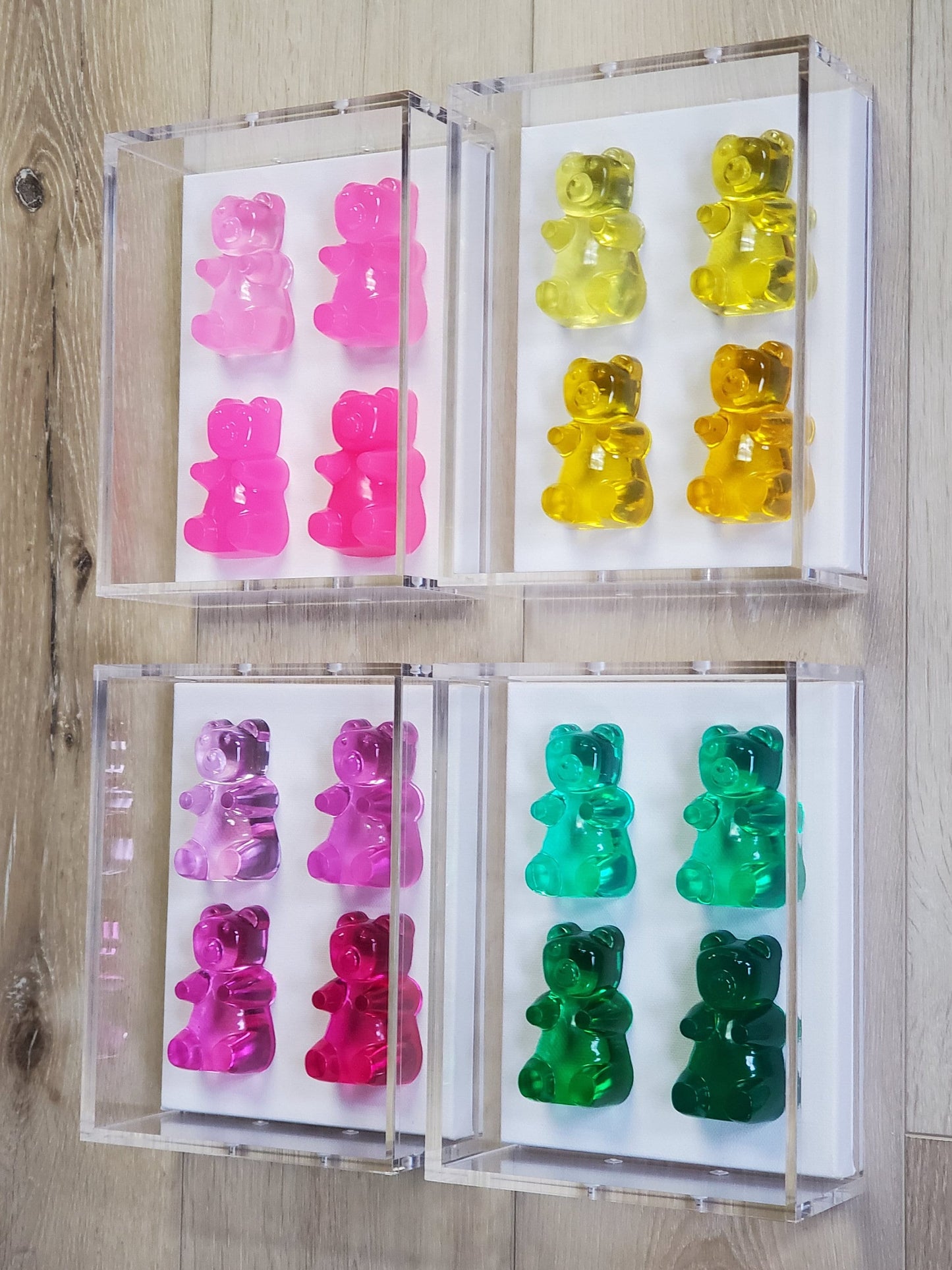 Pop Art Resin Candy Gummy Bear Sculpture in Shadow Box | Playful Nursery Kids Wall Decor | Modern Pop Art Wall Art Set with 4 Colorful Bears