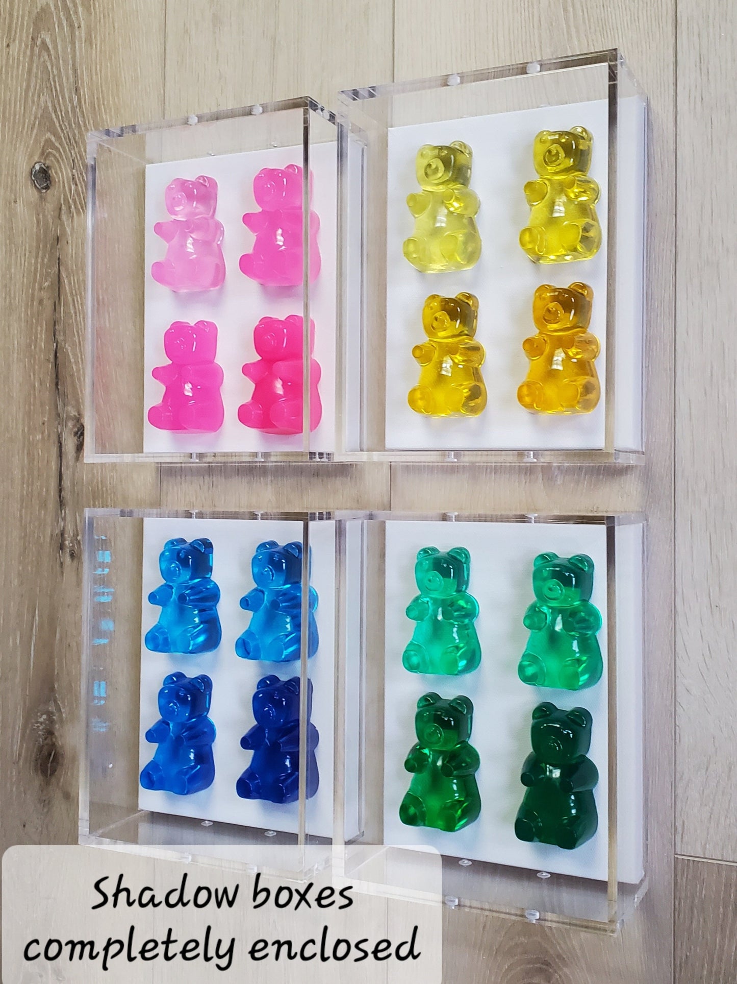 Pop Art Resin Candy Gummy Bear Sculpture in Shadow Box | Playful Nursery Kids Wall Decor | Modern Pop Art Wall Art Set with 4 Colorful Bears