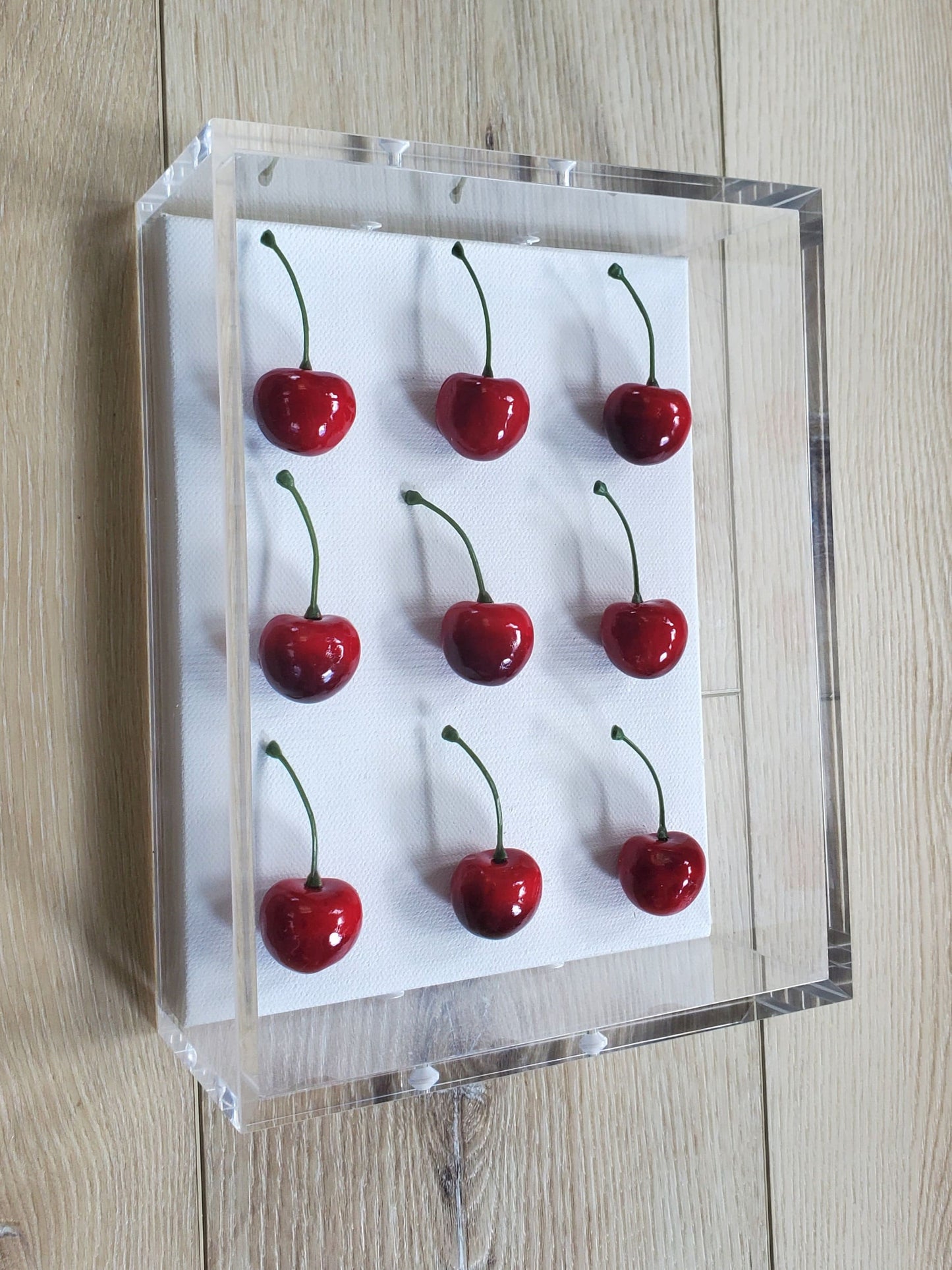 Cherry Wall Art, Modern Pop Art Kitchen Decor in Shadow Box Frame, Vibrant Red Fake Cherries, Unique Gift,Contemporary Interior Wall Hanging