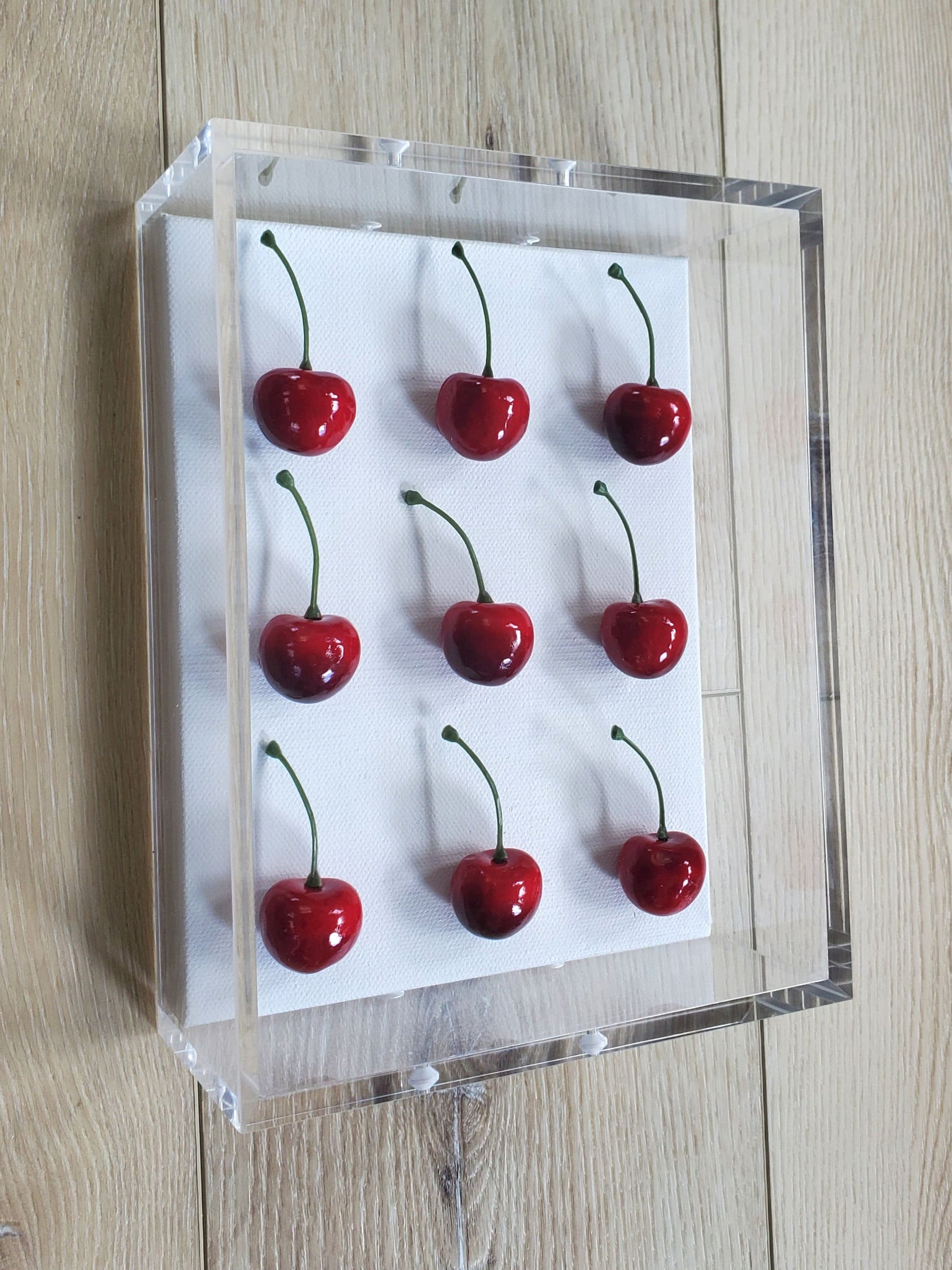 Cherry Wall Art, Modern Pop Art Kitchen Decor in Shadow Box Frame, Vibrant Red Fake Cherries, Unique Gift,Contemporary Interior Wall Hanging
