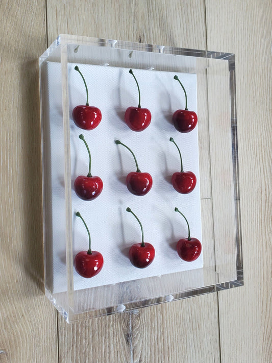 Cherry Wall Art, Modern Pop Art Kitchen Decor in Shadow Box Frame, Vibrant Red Fake Cherries, Unique Gift,Contemporary Interior Wall Hanging