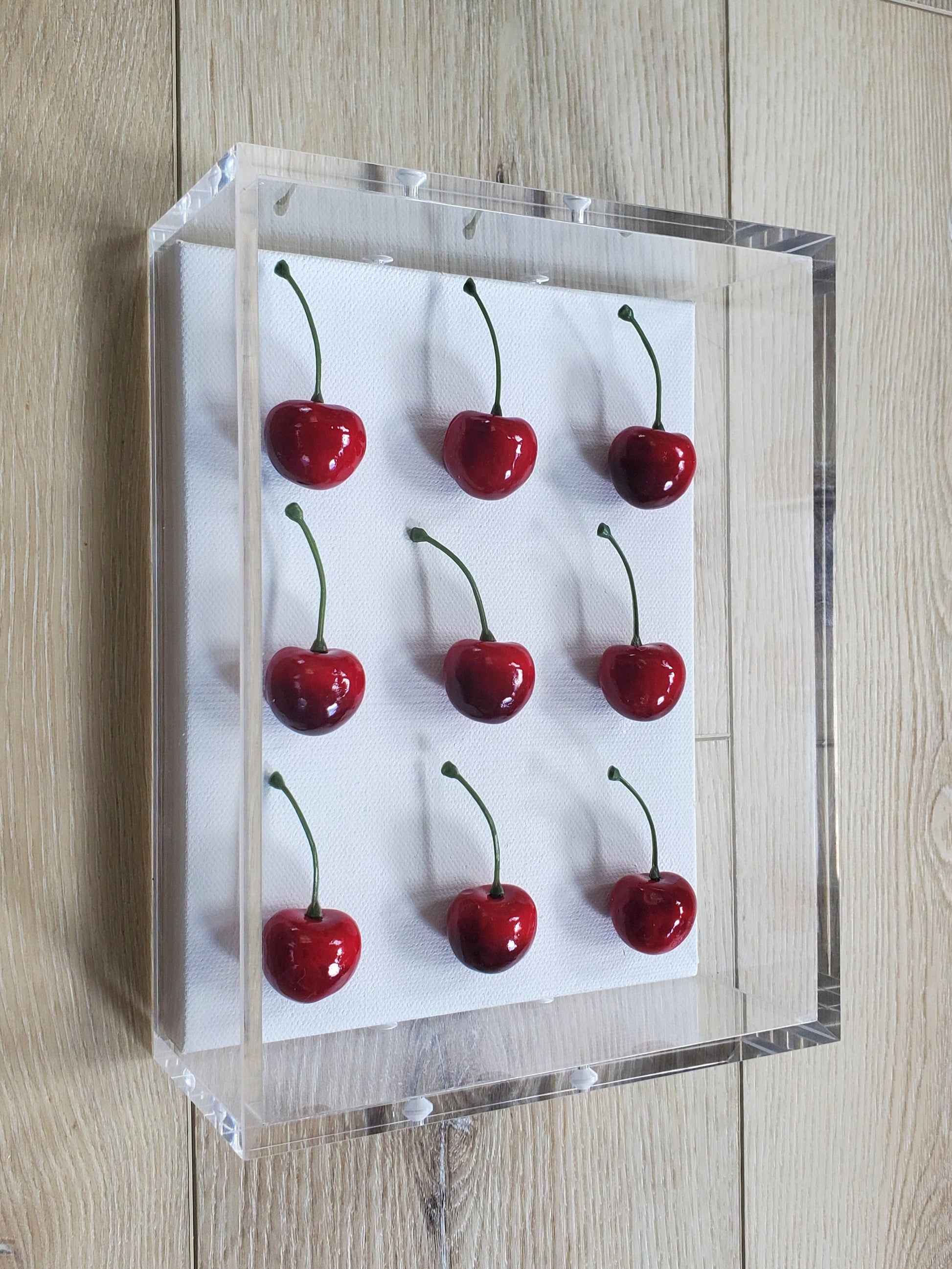 Cherry Wall Art, Modern Pop Art Kitchen Decor in Shadow Box Frame, Vibrant Red Fake Cherries, Unique Gift,Contemporary Interior Wall Hanging