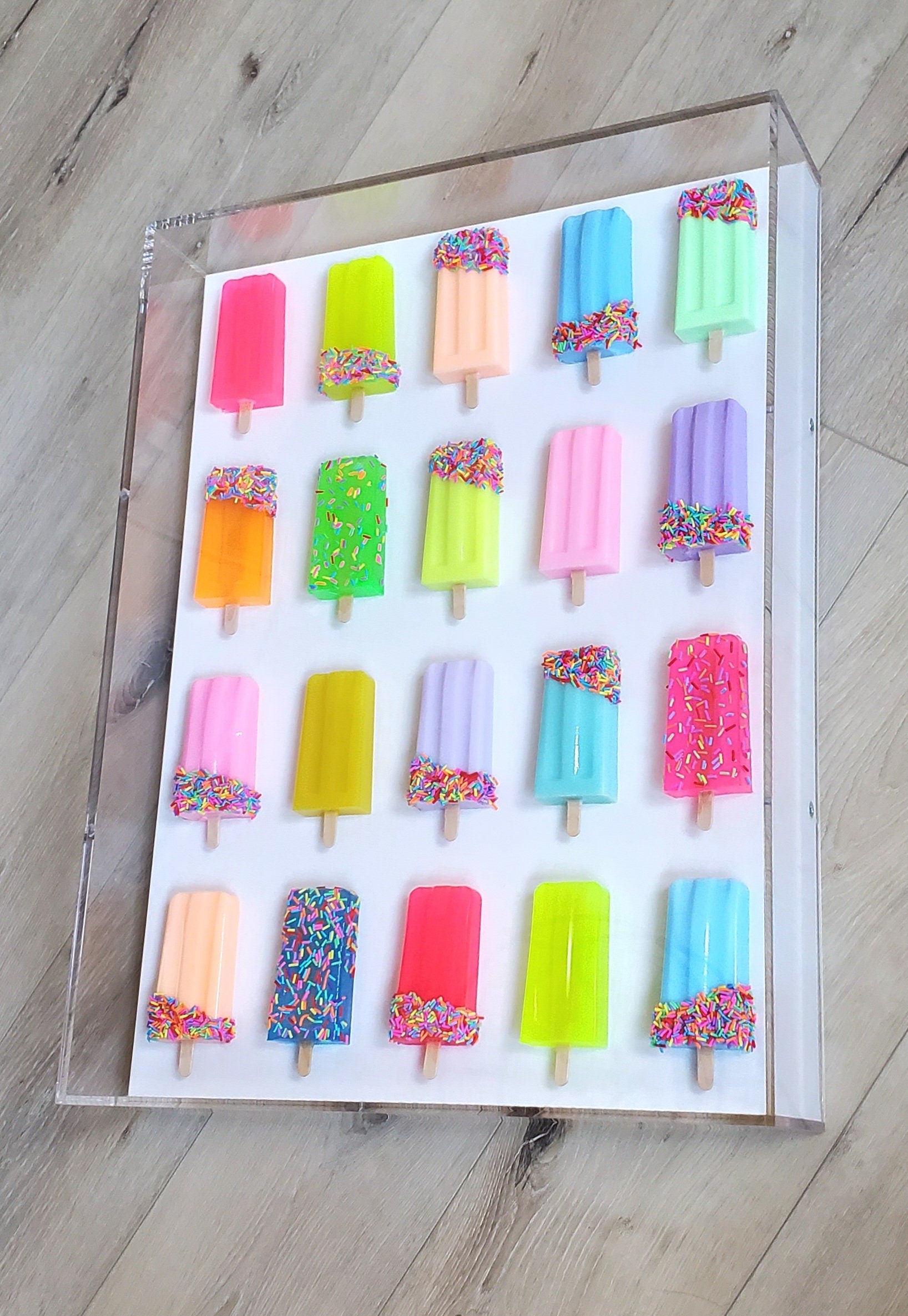 Iconic Pop Art Popsicle Wall Decor, Modern Pop Art, 20 Resin Popsicles, Kitchen Wall Art,Nursery decor. Original Creator,Open Acrylic Frame.