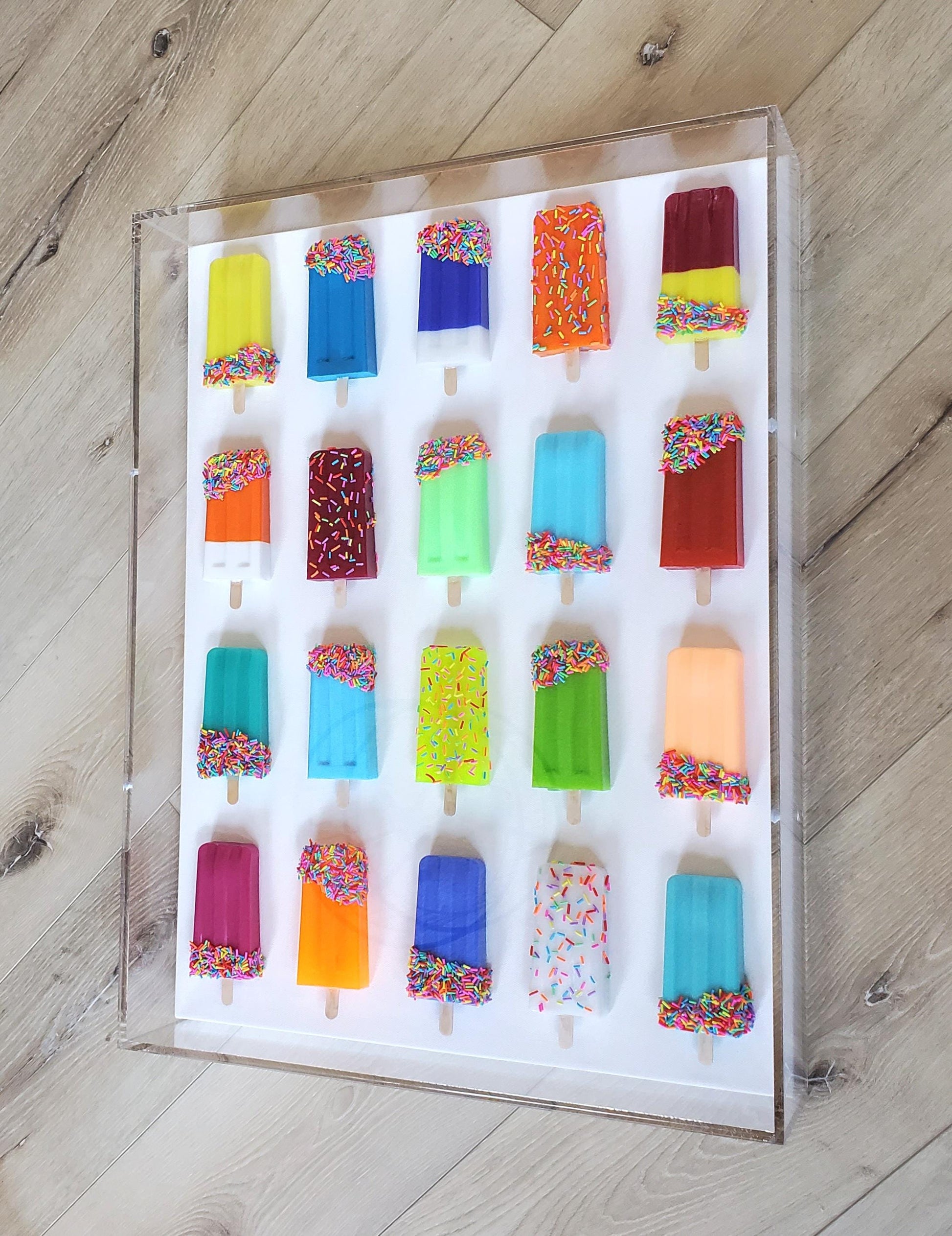 Luxury Ice Cream Pops Shadow Box Art: Handmade Vibrant Sculpture, Customized Modern Pop Art