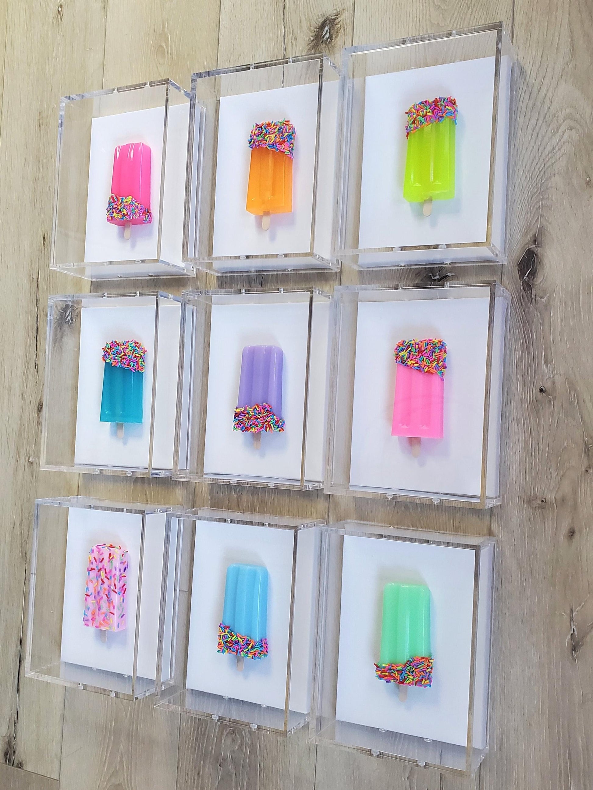 Resin Ice Cream Pops 3D Wall Art: Whimsical Modern Sculpture in Acrylic Shadow Box Customized Art.
