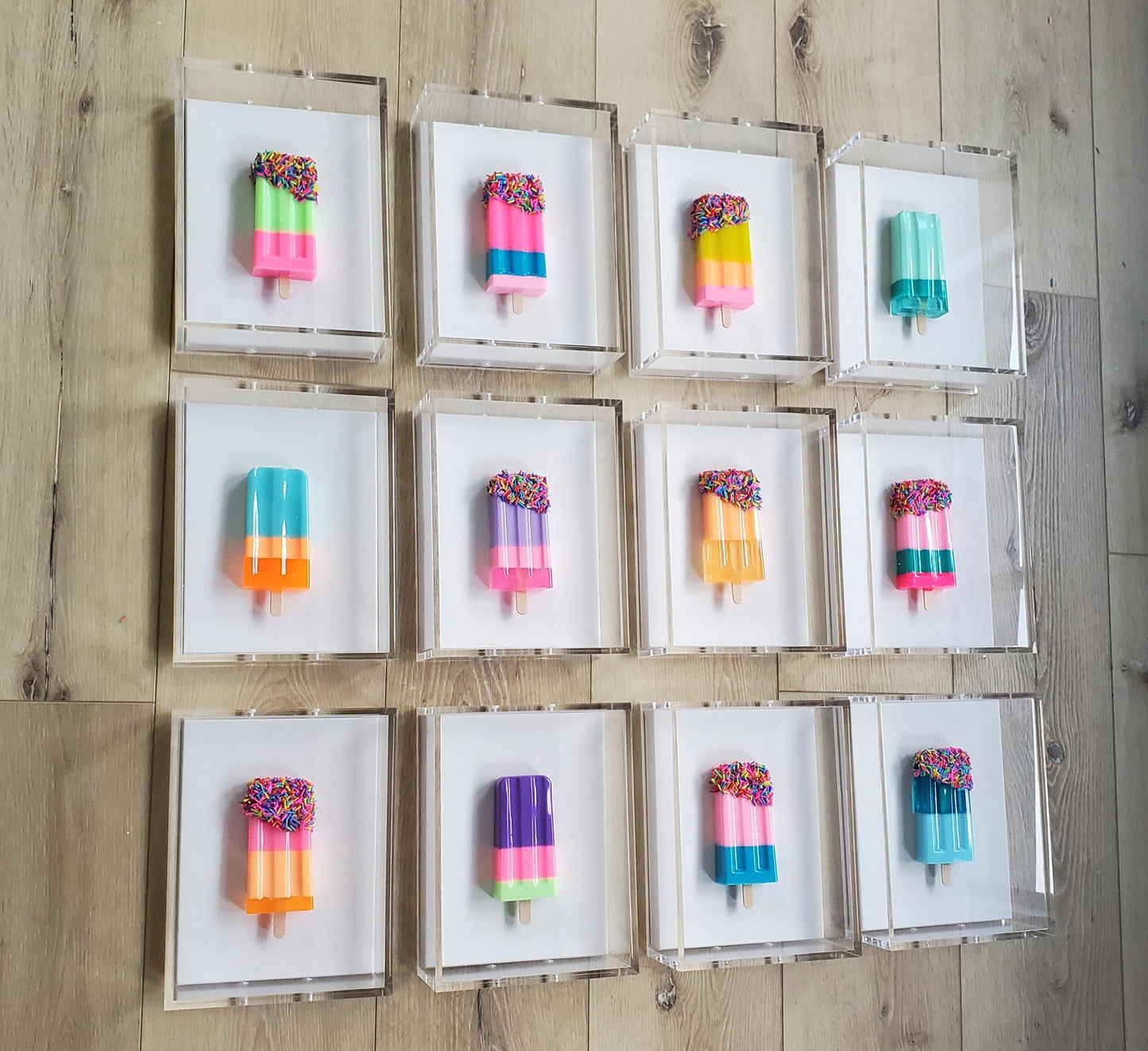 Resin Ice Cream Pops 3D Wall Art: Whimsical Modern Sculpture in Acrylic Shadow Box Customized Art.