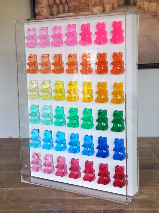 Pop Art Gummy Resin Bear Wall Decor, Modern Pop Art, 42 Resin Bears, Kitchen Wall Art, Nursery decor. Original Creator, Shadow Box Frame.