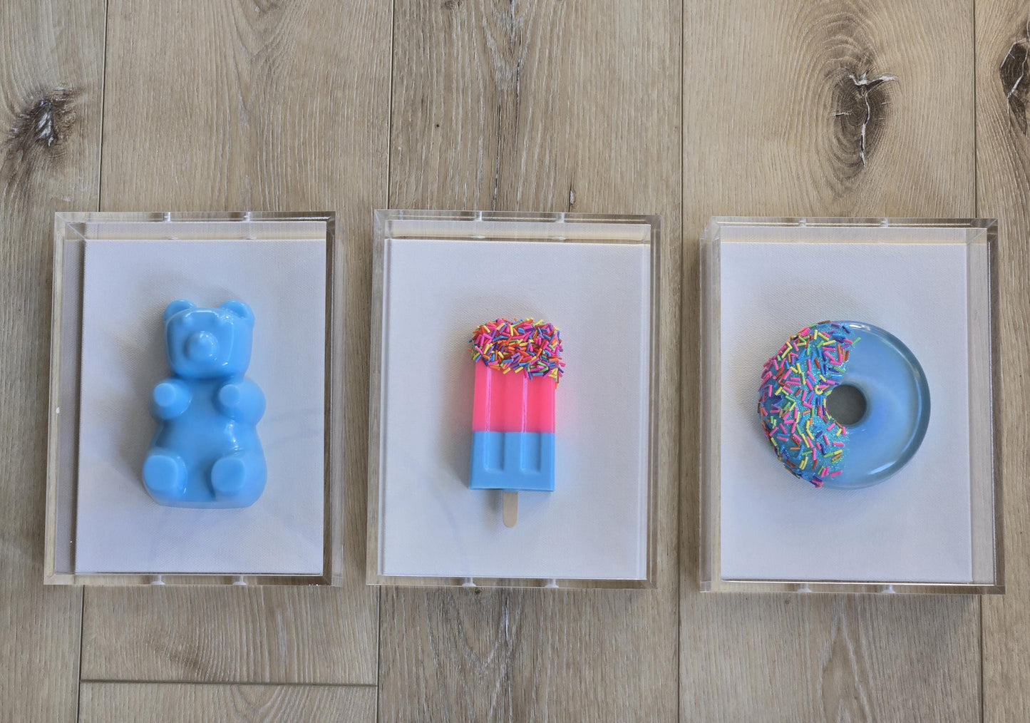 Pop Art Candy Inspired Wall Art Set | Gummy Bear, Donut, Ice Cream Shadow Box Decor | Whimsical Kids Room and Nursery Wall Art