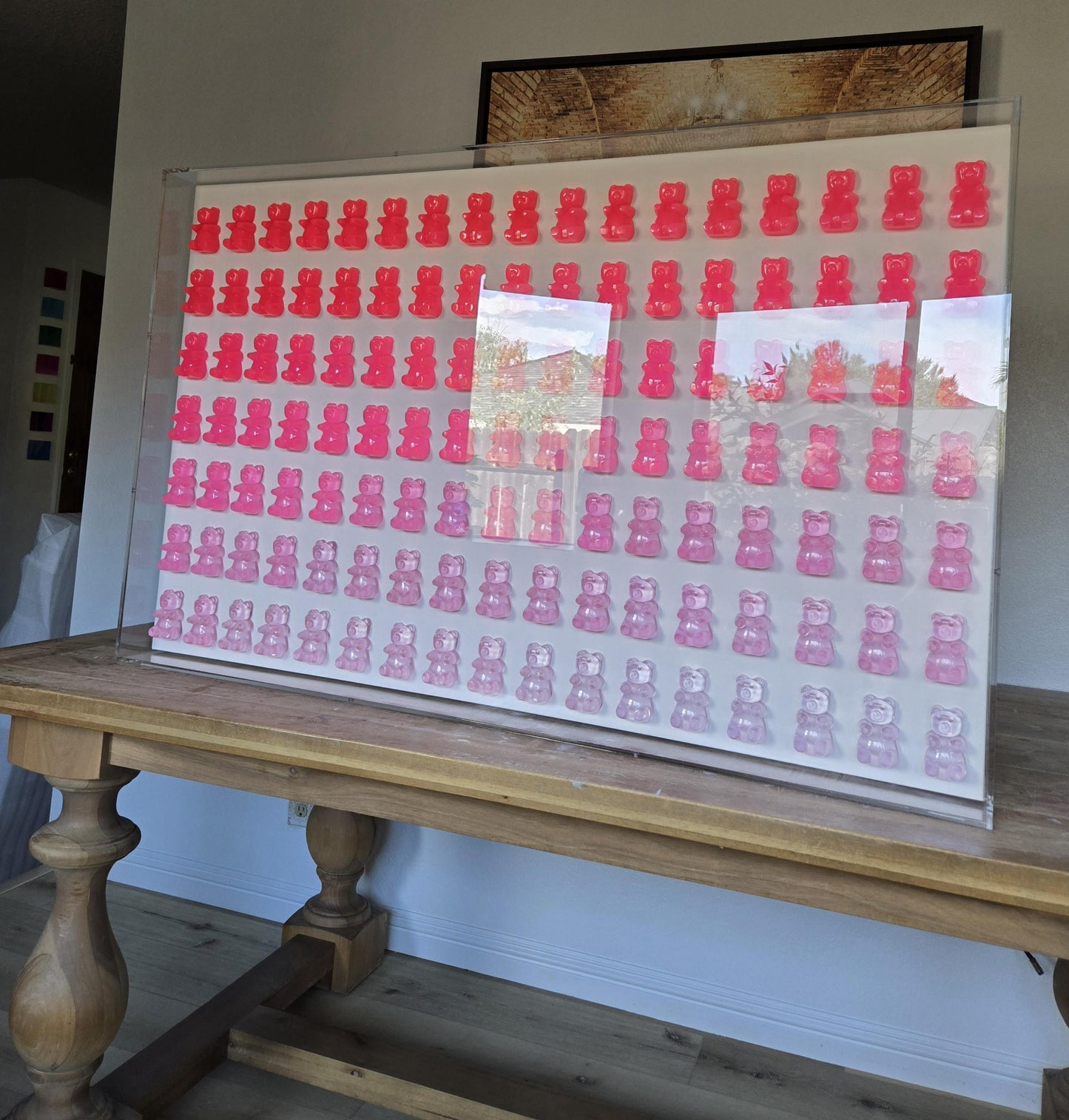 Neon Pink Candy Resin Bear Shadow Box Wall Art: Unique Pop Art Decor