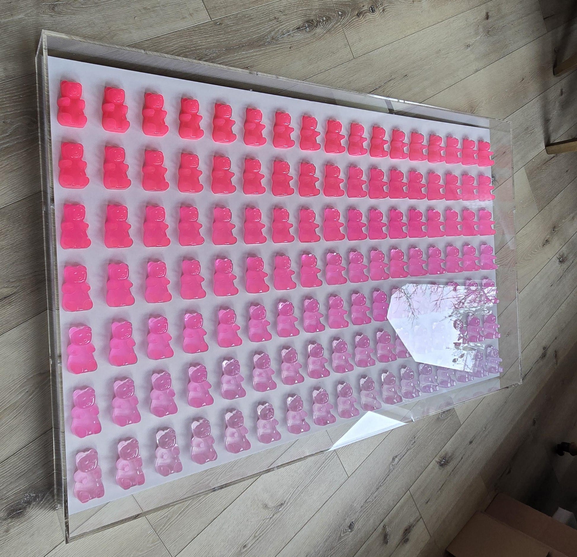 Neon Pink Candy Resin Bear Shadow Box Wall Art: Unique Pop Art Decor