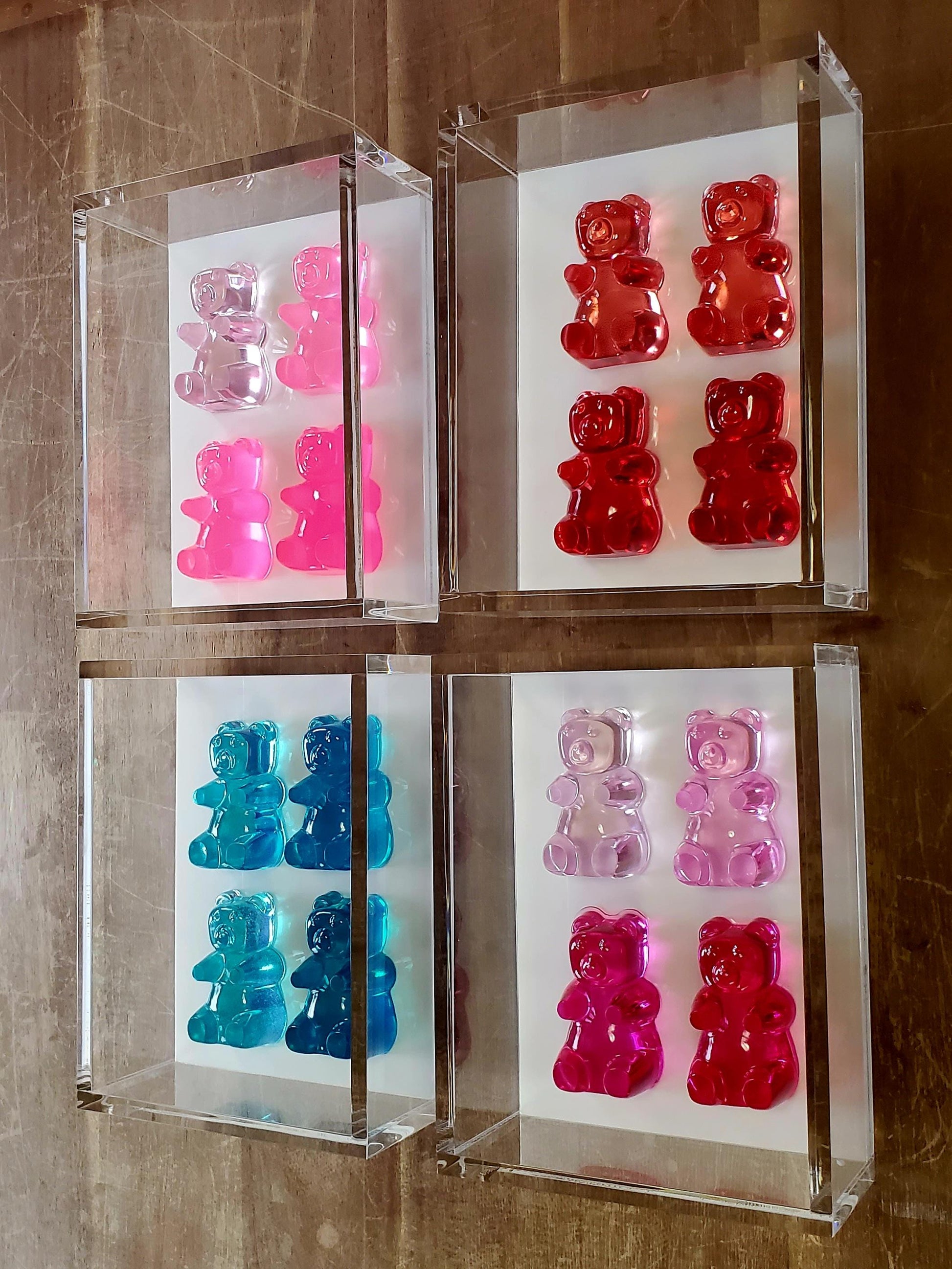 Pop Art Gummy Bear Resin Sculptures in Acrylic Frame | Whimsical Nursery & Kids Room Wall Decor | Custom Bright Colors, Playful Candy Gift