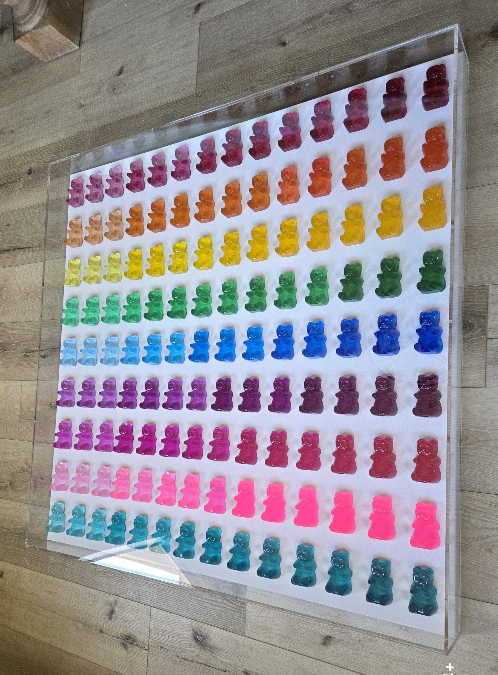 Candy Inspired Resin Bear Shadow Box Art: Modern Pop Sculpture