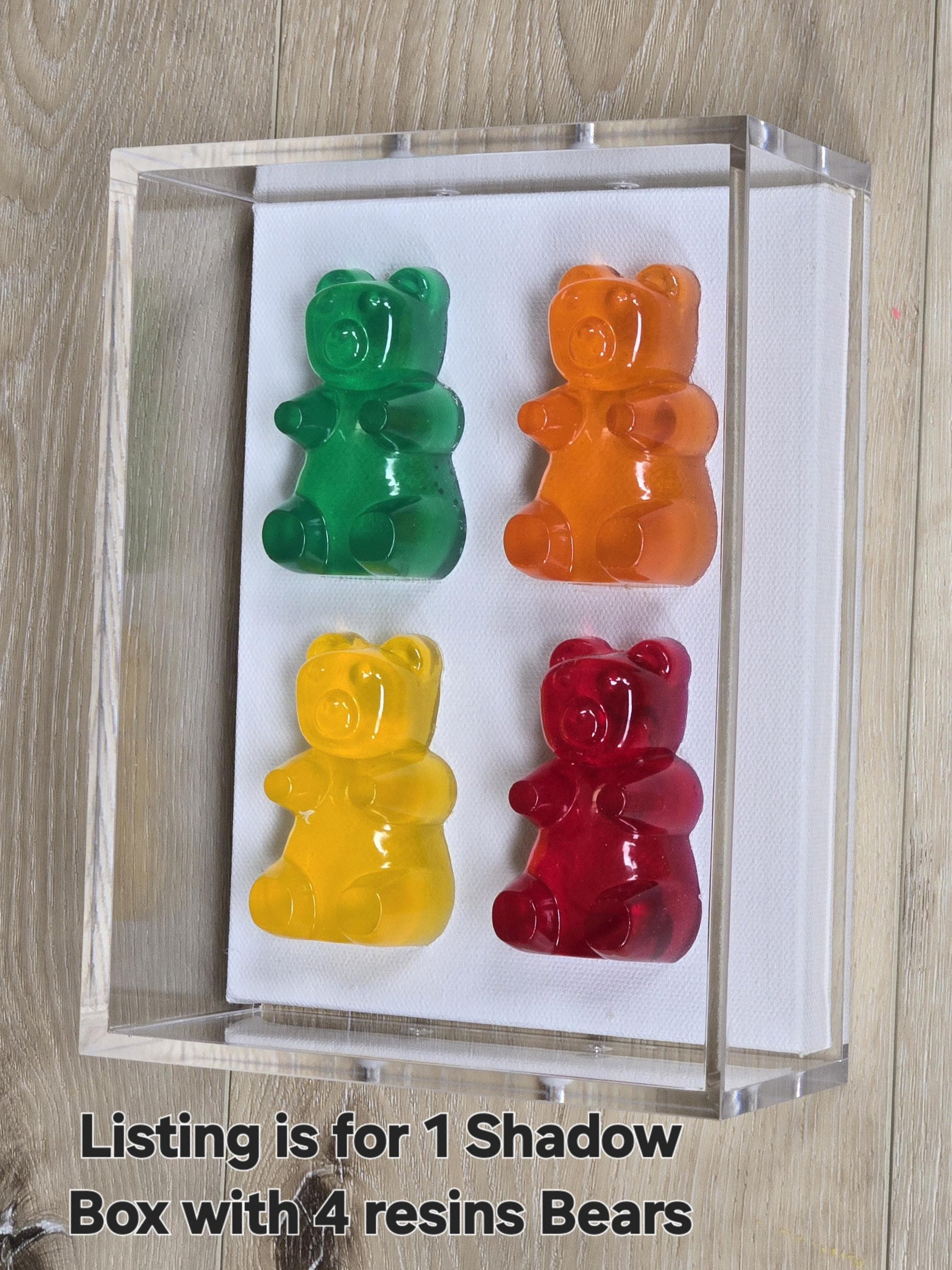 Gummy Resin Bear Wall Art | Colorful Pop Art Shadow Box with 4 Vibrant Resin Bears | Modern Kitchen, Playroom Decor, Gift for Any Occasion