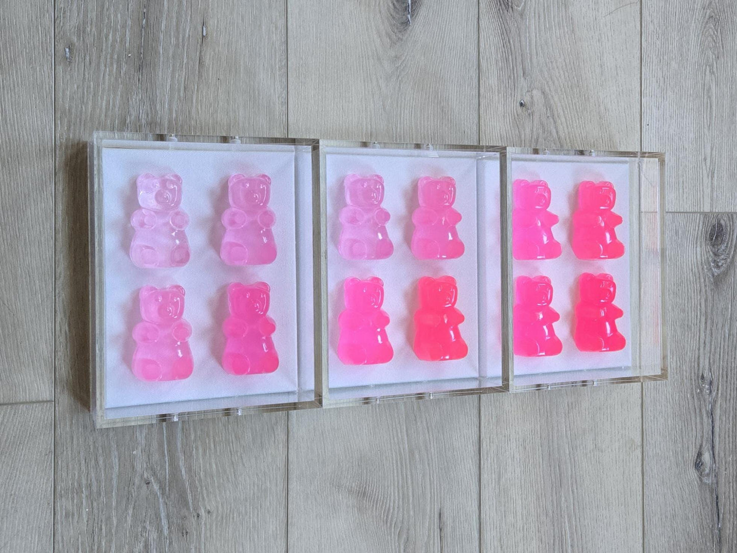 Pop Art Resin Candy Gummy Bear Sculpture in Shadow Box | Playful Nursery Kids Wall Decor | Modern Pop Art Wall Art Set with 4 Colorful Bears