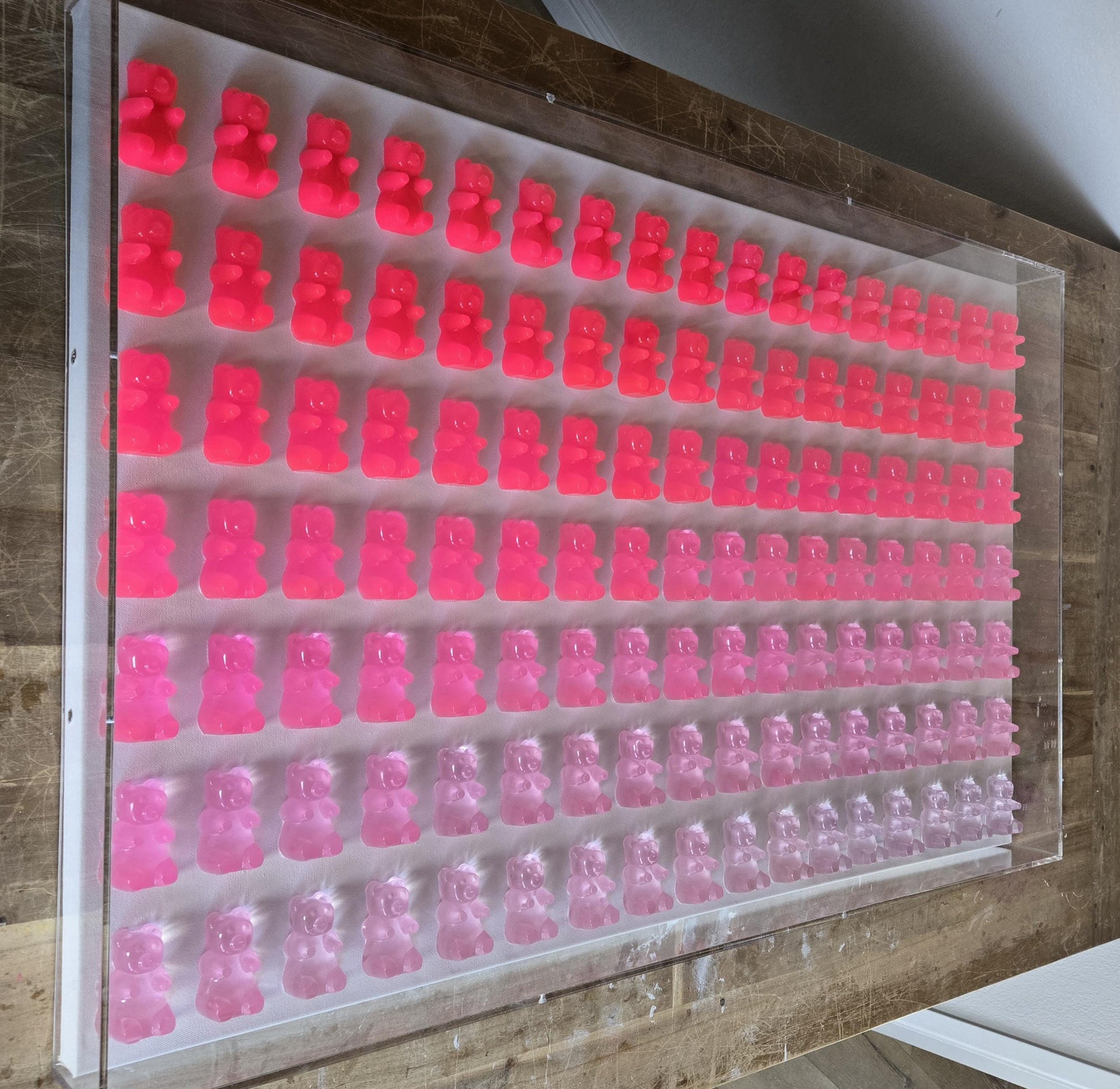 Neon Pink Candy Resin Bear Shadow Box Wall Art: Unique Pop Art Decor