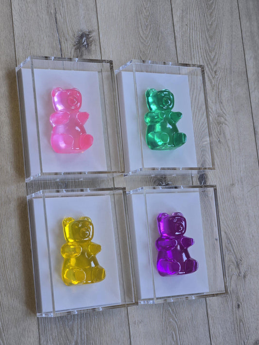 Candy Resin Bear Sculpture In Shadow Box: Handmade Pop Art Wall Decor