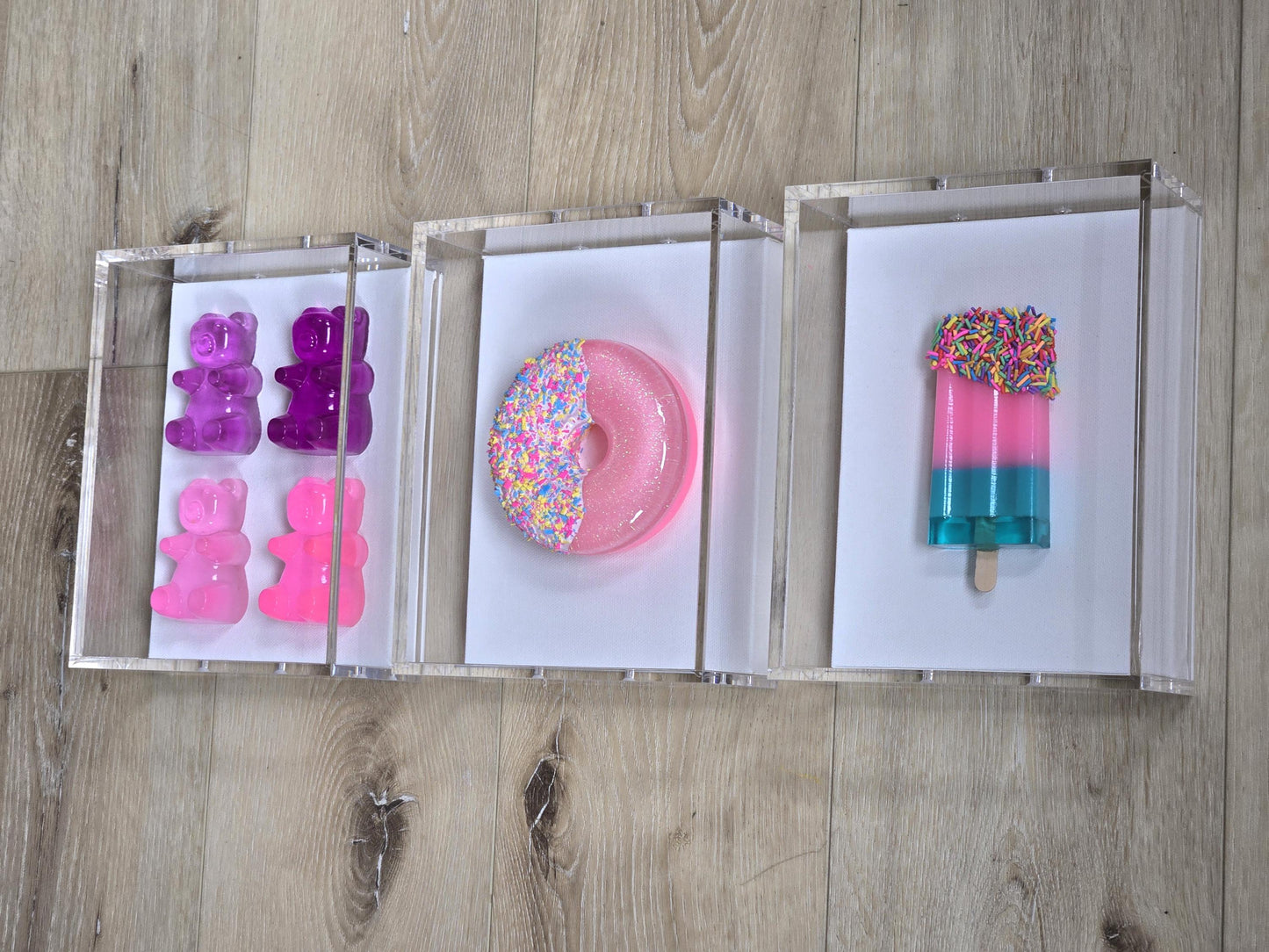 Pop Art Candy Inspired Wall Art Set | Gummy Bear, Donut, Ice Cream Shadow Box Decor | Whimsical Kids Room and Nursery Wall Art