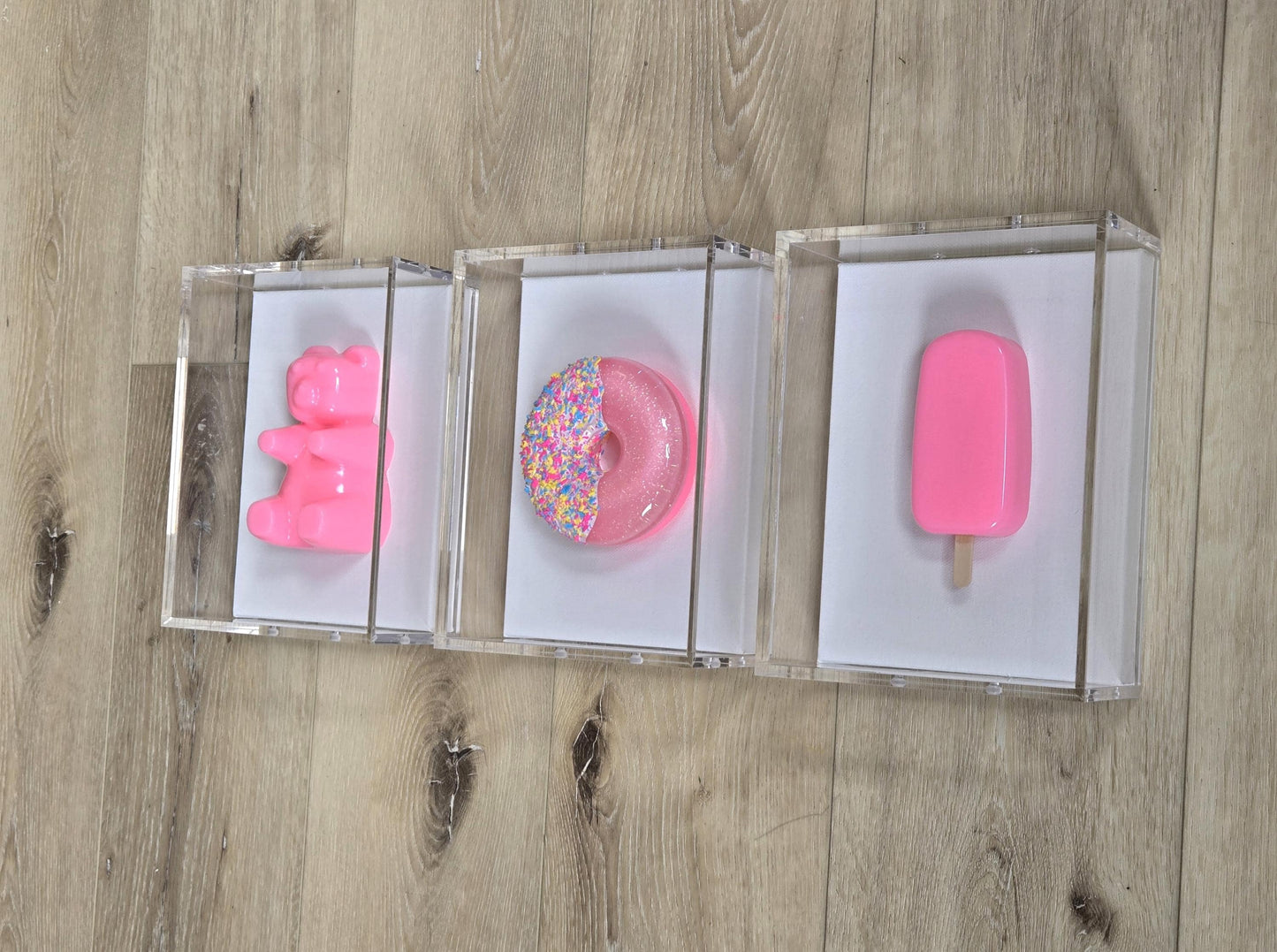 Pop Art Candy Inspired Wall Art Set | Gummy Bear, Donut, Ice Cream Shadow Box Decor | Whimsical Kids Room and Nursery Wall Art