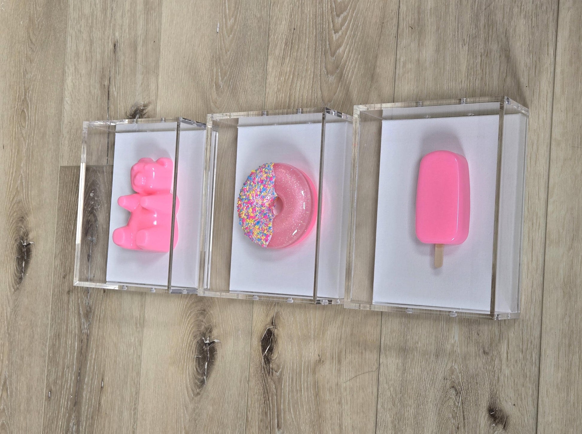 Pop Art Candy Inspired Wall Art Set | Gummy Bear, Donut, Ice Cream Shadow Box Decor | Whimsical Kids Room and Nursery Wall Art