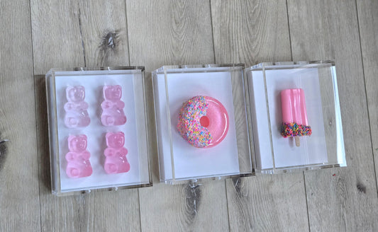 Pop Art Candy Inspired Wall Art Set | Gummy Bear, Donut, Ice Cream Shadow Box Decor | Whimsical Kids Room and Nursery Wall Art