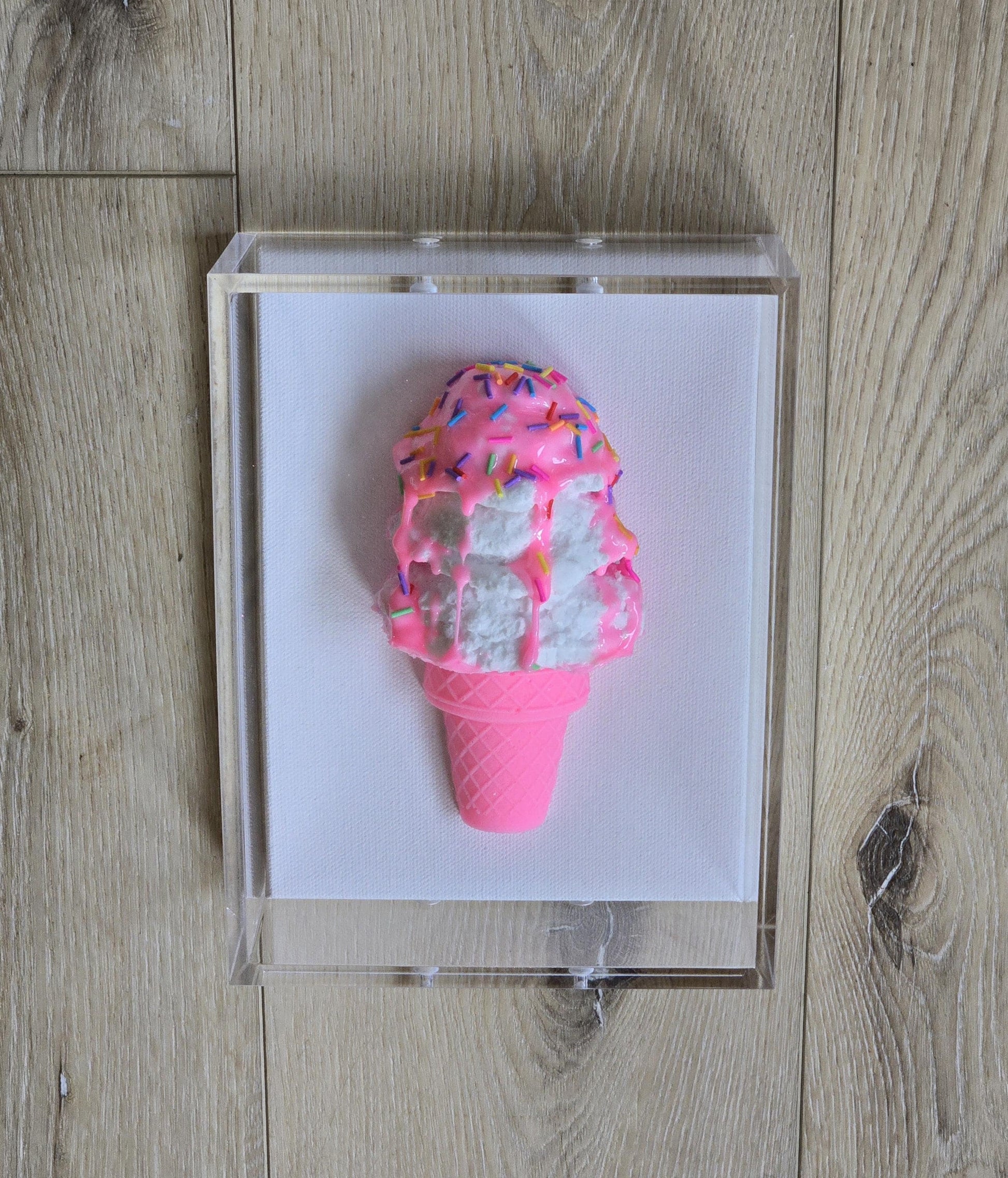 Ice Cream Cone Art | Vibrant Colors, Shadow Box Dessert Themed Handmade Custom Decor