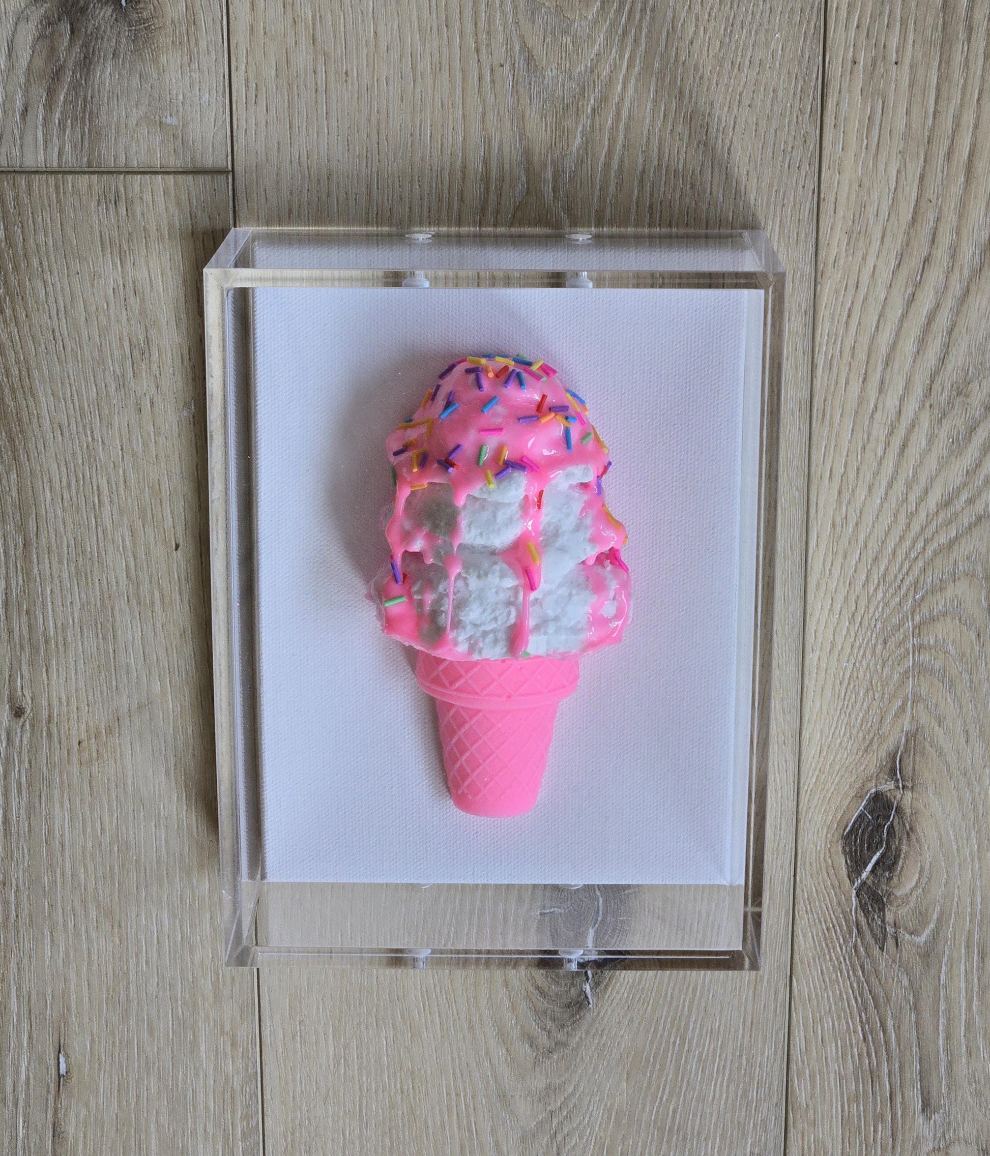 Ice Cream Cone Art | Vibrant Colors, Shadow Box Dessert Themed Handmade Custom Decor