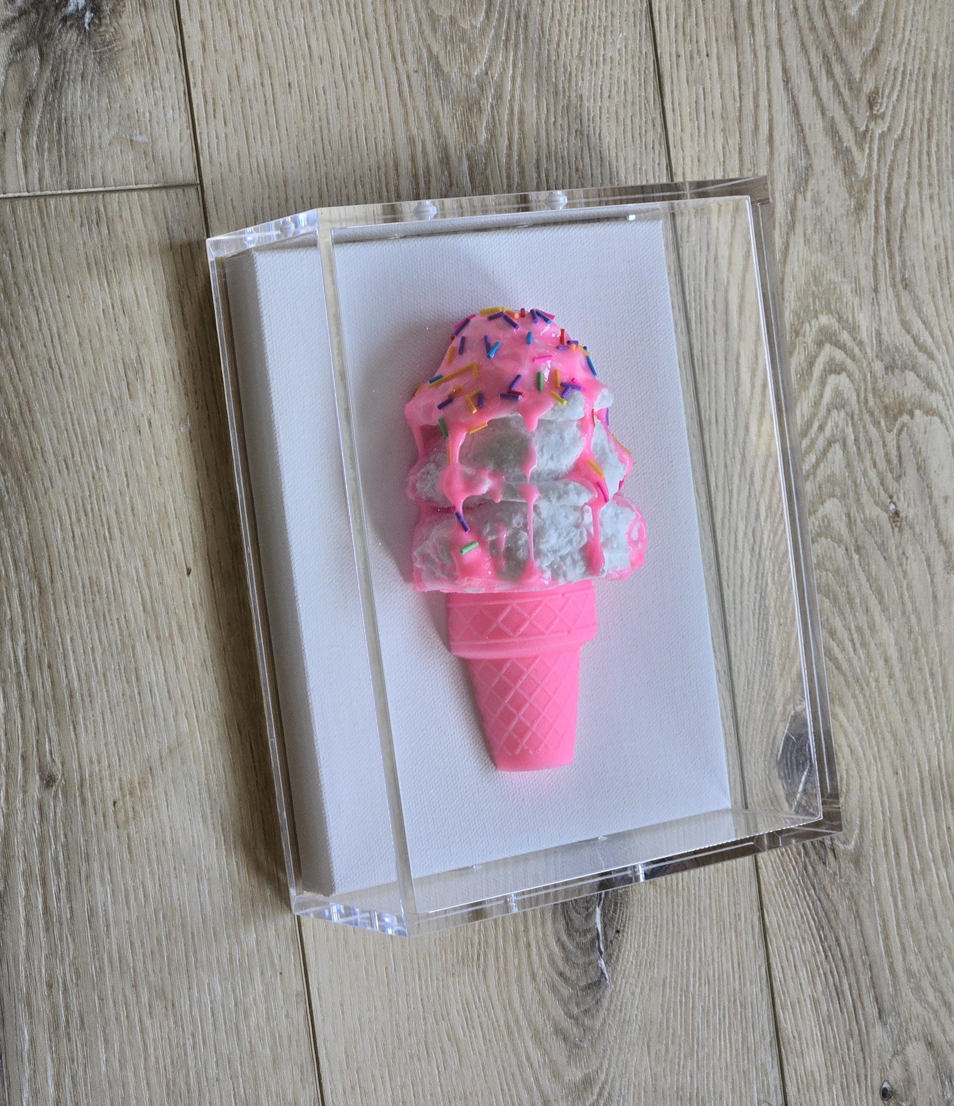 Ice Cream Cone Art | Vibrant Colors, Shadow Box Dessert Themed Handmade Custom Decor