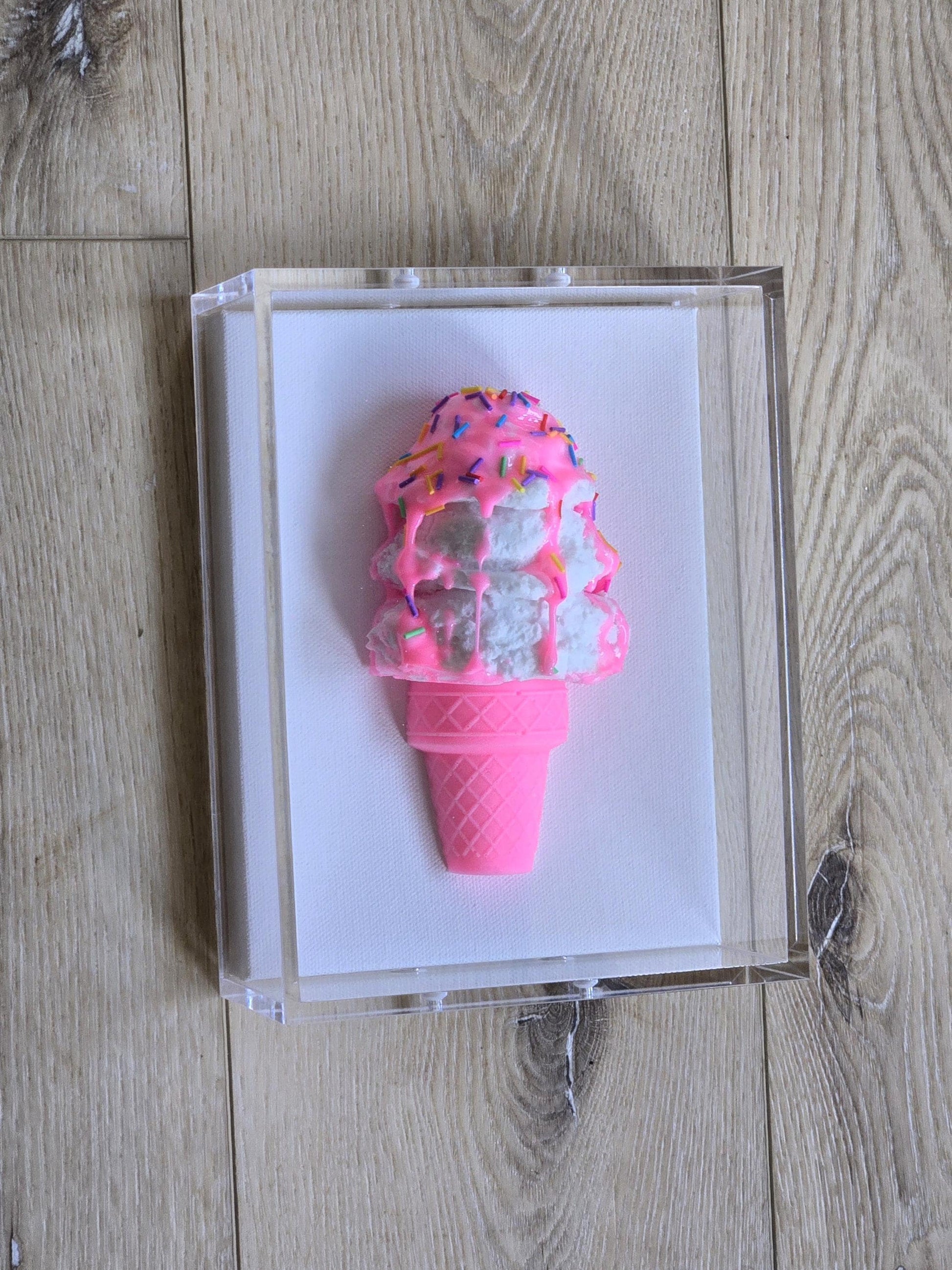 Ice Cream Cone Art | Vibrant Colors, Shadow Box Dessert Themed Handmade Custom Decor