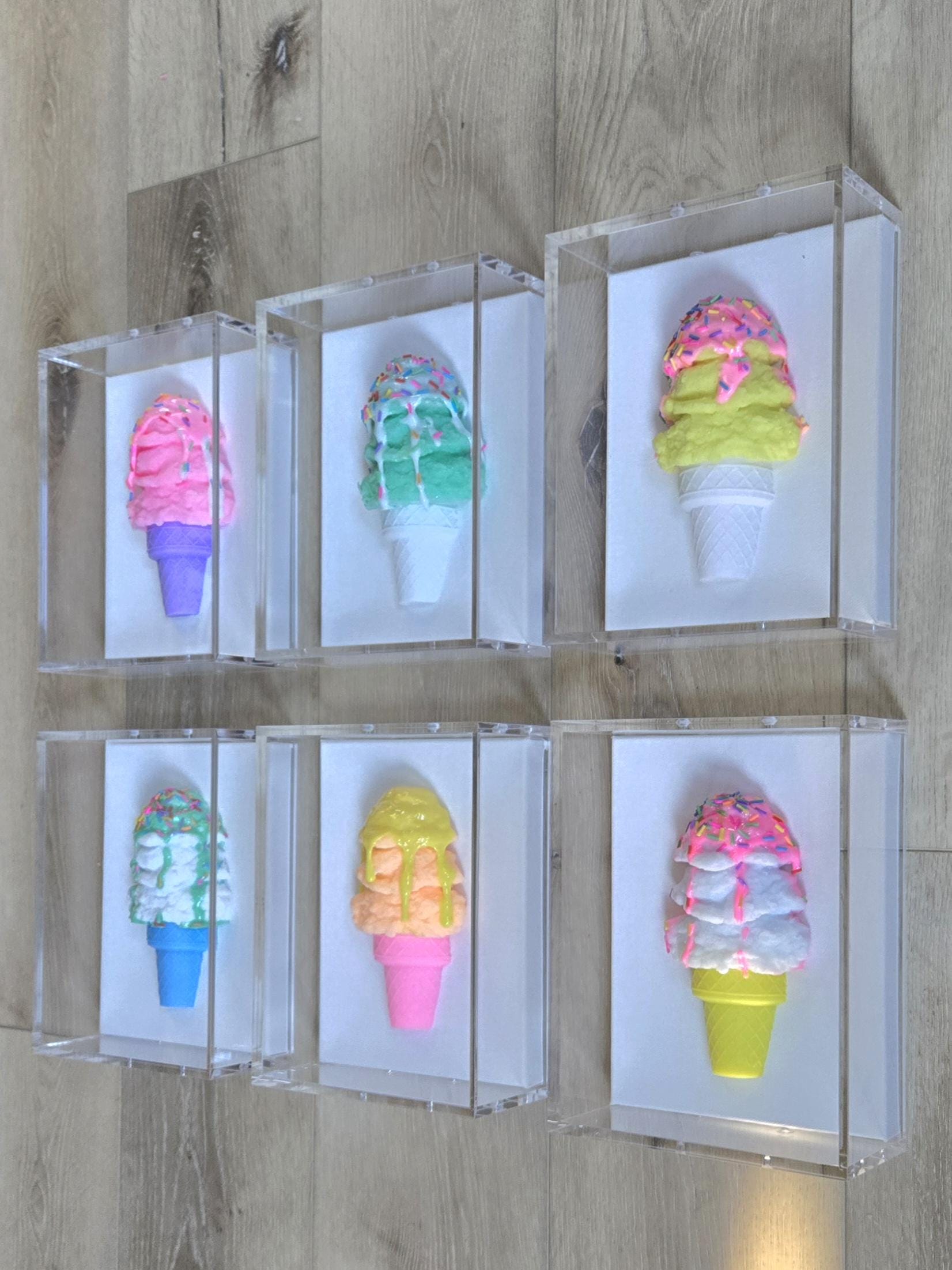 Ice Cream Cone Art | Vibrant Colors, Shadow Box Dessert Themed Handmade Custom Decor