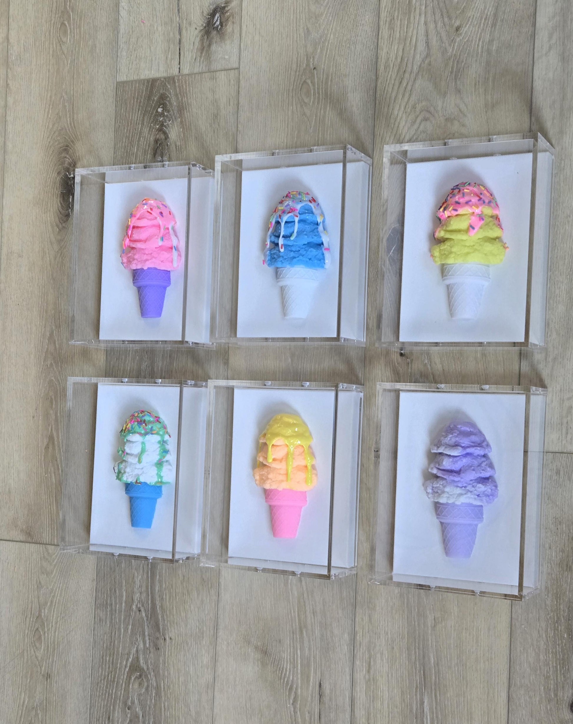 Ice Cream Cone Art | Vibrant Colors, Shadow Box Dessert Themed Handmade Custom Decor