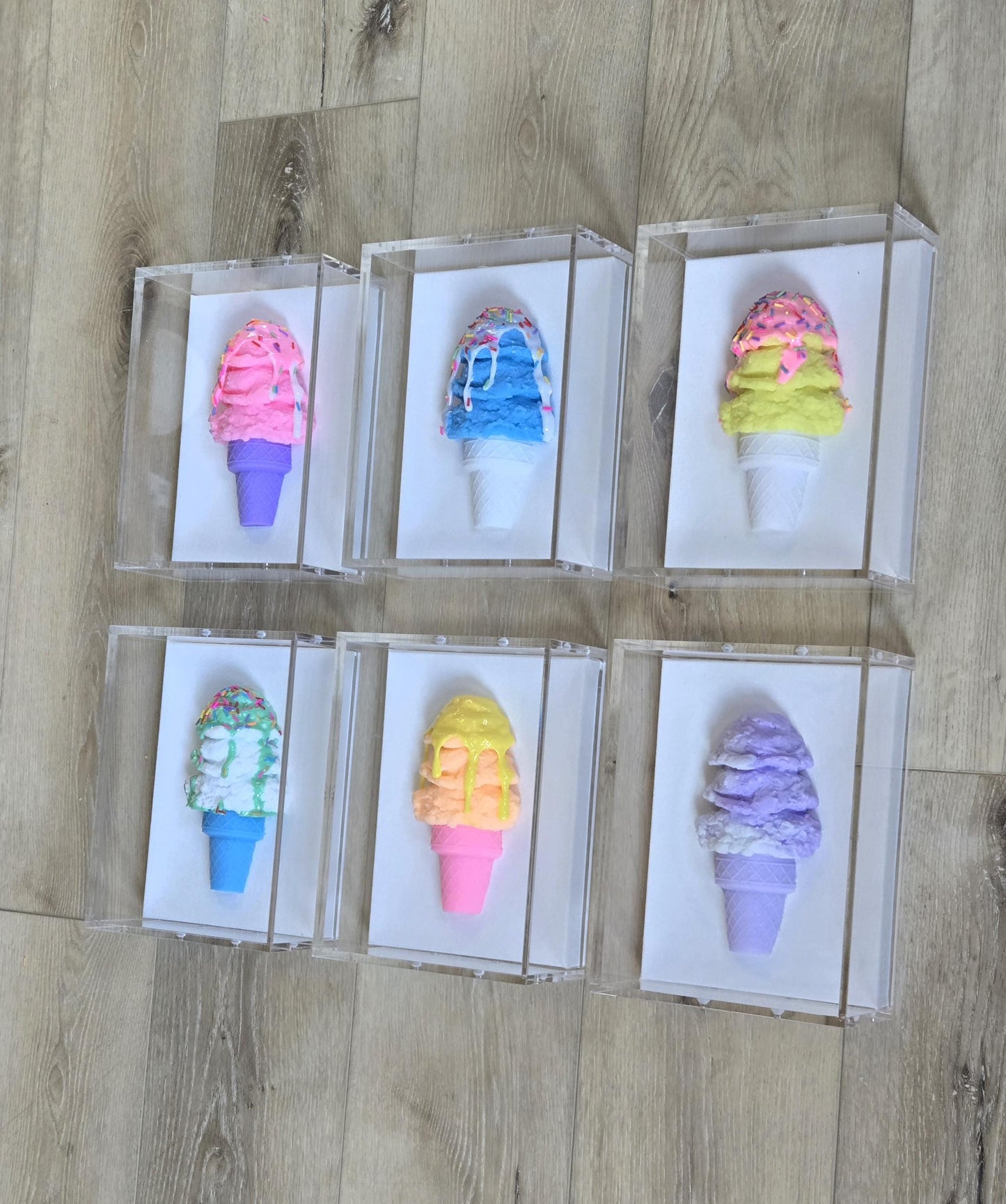 Ice Cream Cone Art | Vibrant Colors, Shadow Box Dessert Themed Handmade Custom Decor